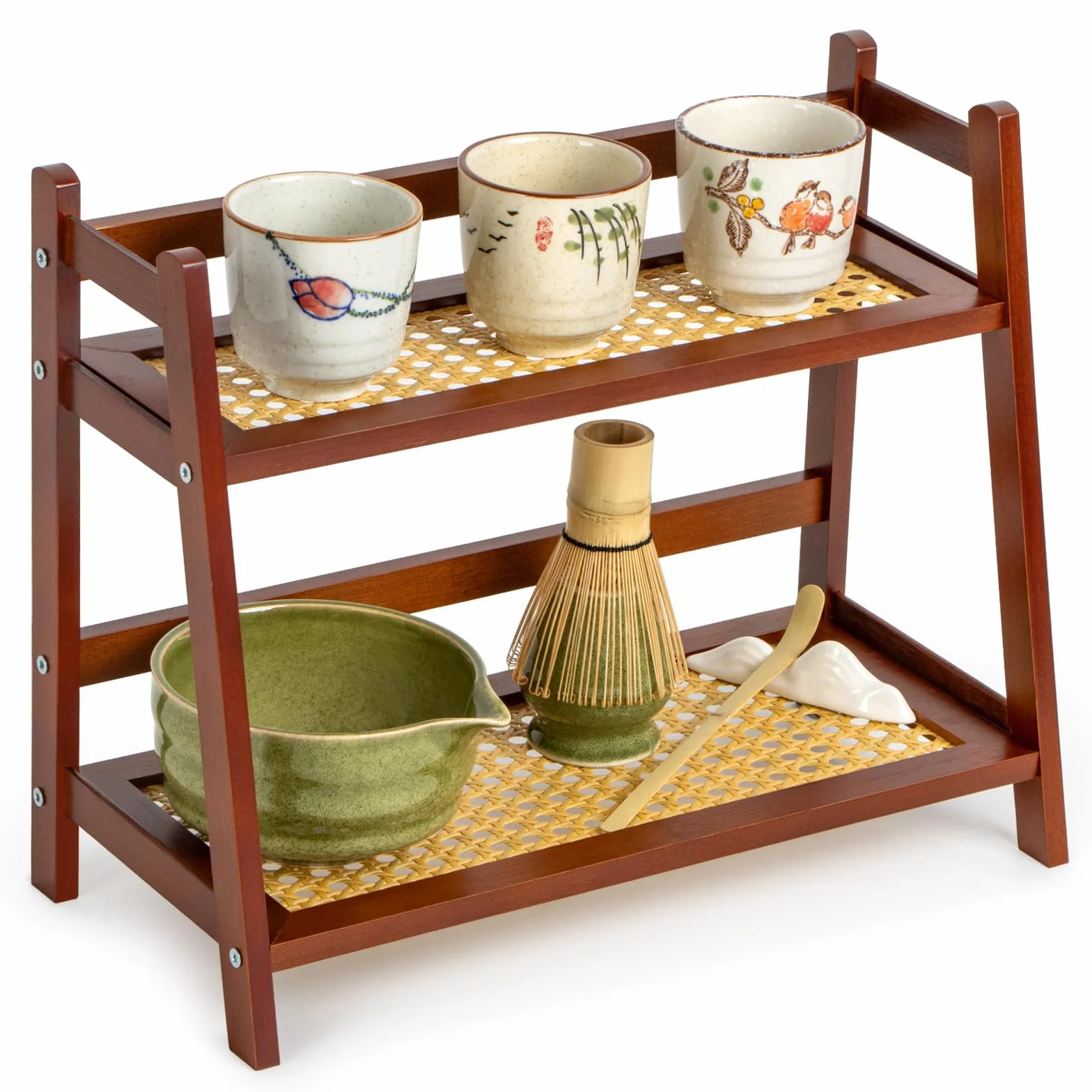 ANBOXIT Organizator Stacji Matcha z Wzorem Rattan, Organizator do Herbaty i Kawy z Bambusa na Blacie, 2-Poziomowy Stojak na Kubki, Pojemnik na Przechowywanie Przypraw do Kuchni, Domu, Biura - Brązowy