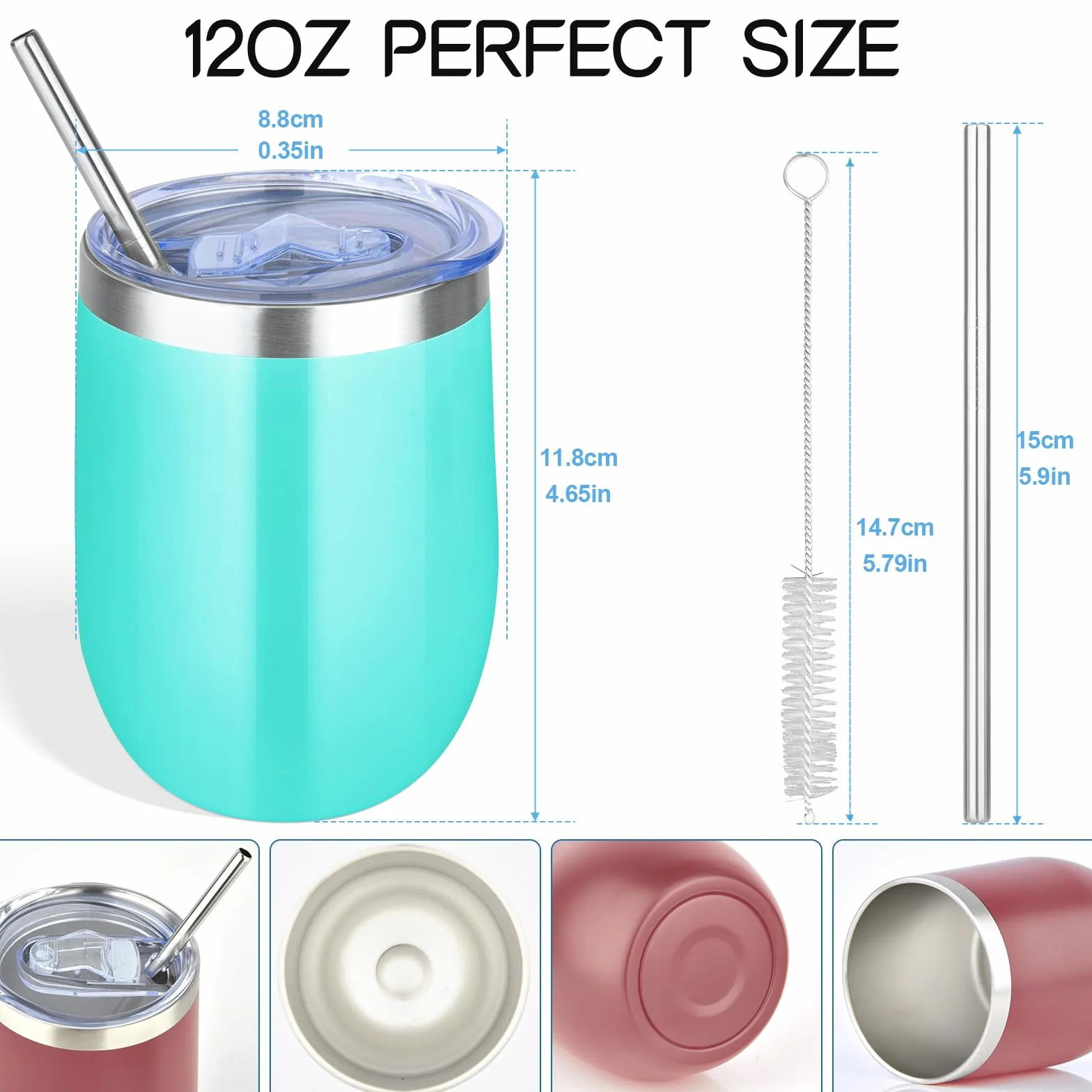 NUZEKY Szklanki do wina ze stali nierdzewnej z pokrywką: 350 ml izolowany próżniowo kubek z podwójną ścianką - 4 opakowania kubków do kawy luzem do gorących i zimnych napojów