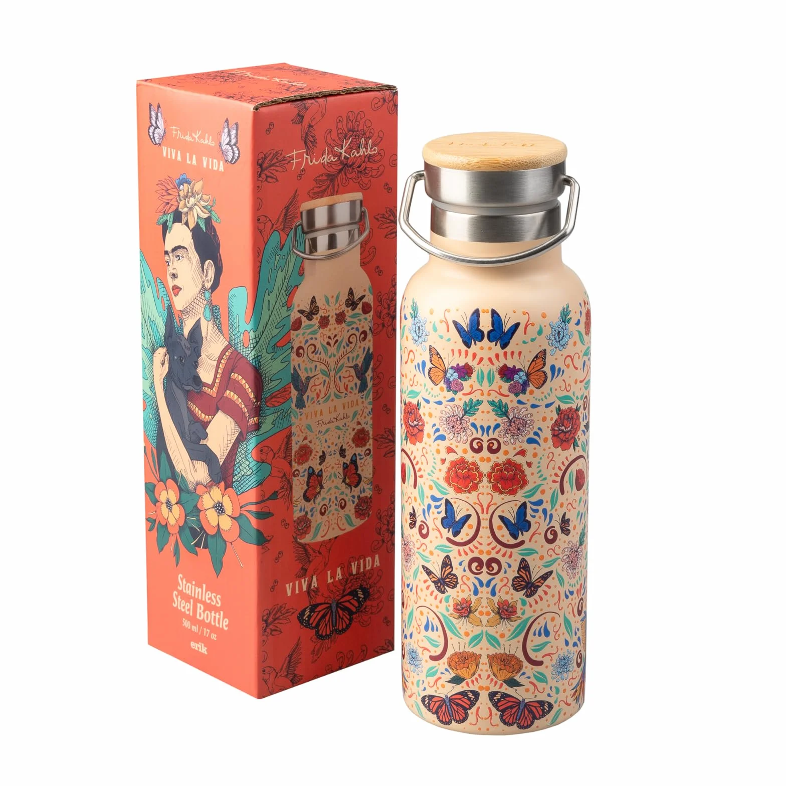 Grupo Erik Metal Water Bottle 500ml / 17oz - Frida Kahlo | Hot and Cold Water Bottle Stainless Steel, Cute Travel Bottles Gym | Frida Kahlo Gifts Under 20 Pounds