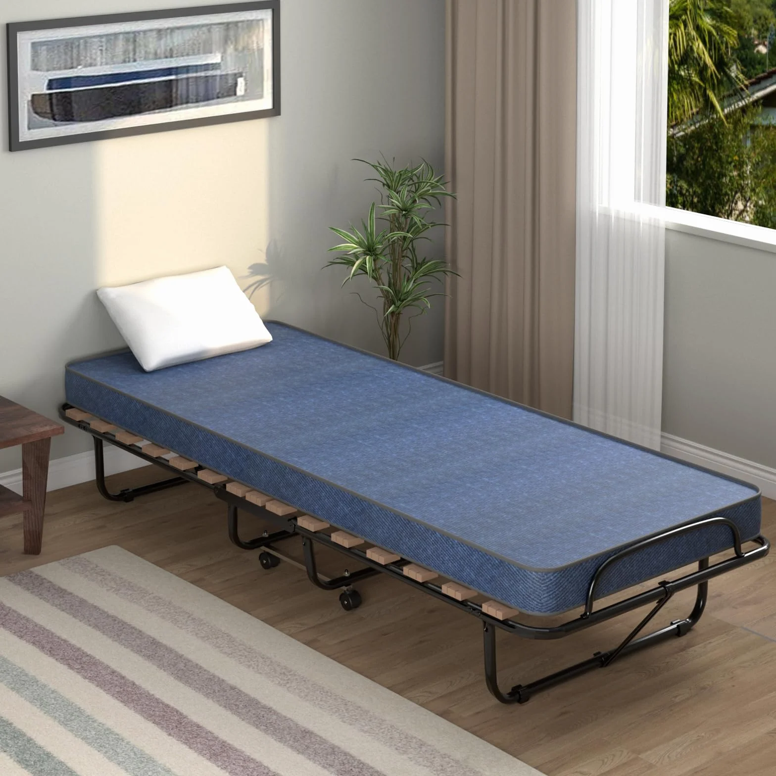 COSTWAY Łóżko dla gości 80 x 190 cm z materacem z pianki memory, składane łóżko pojedyncze, stabilne metalowe łóżko do 130 kg, na kółkach, do biura, pokoju gościnnego, łóżko przenośne (niebieskie)