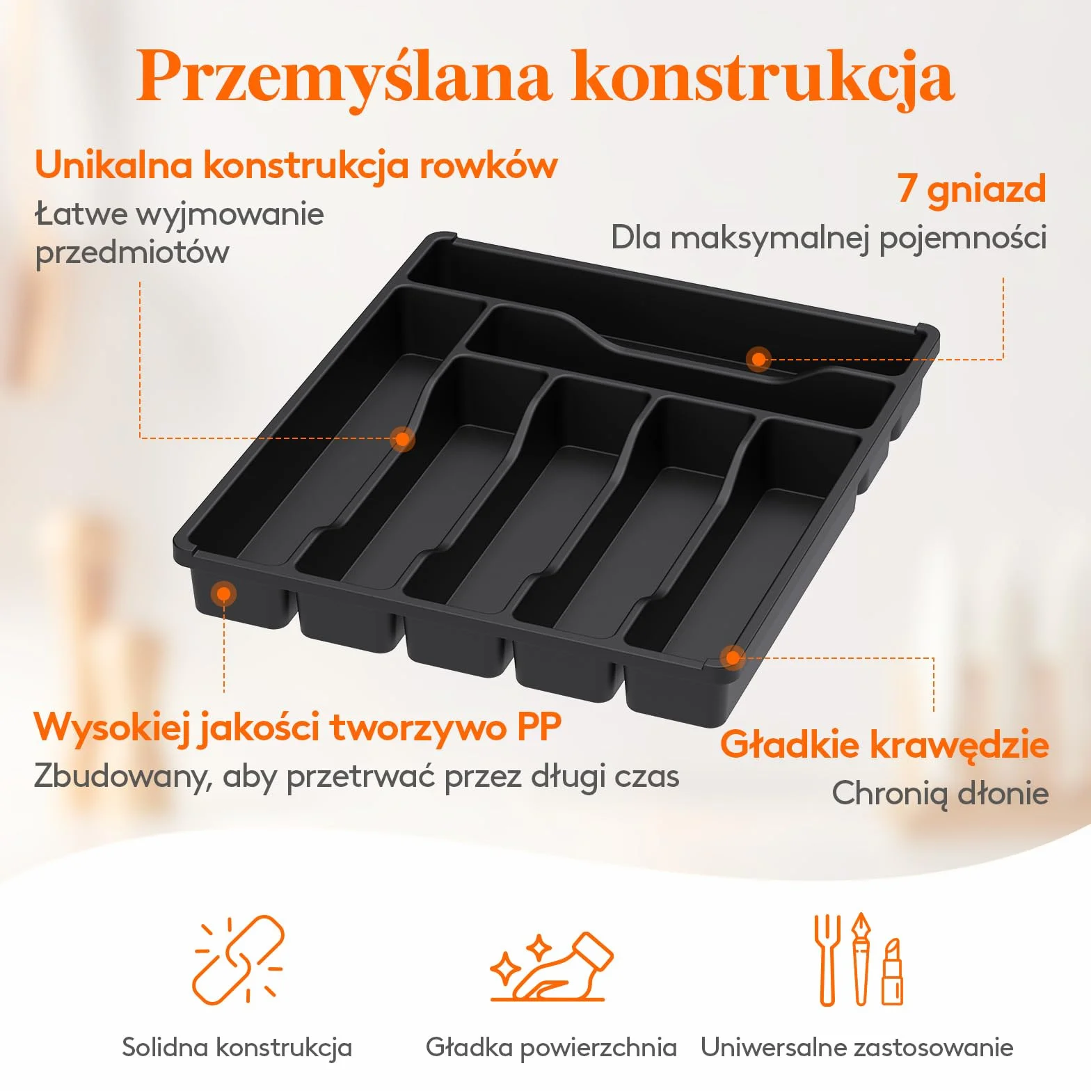 Lifewit Organizer do Szuflady na Sztućce, Plastikowa Taca na Sztućce do Szuflady Kuchennej, Uchwyt z Przegrodami na Łyżki, Widelce i Noże, 7 Przegródek, Czarny