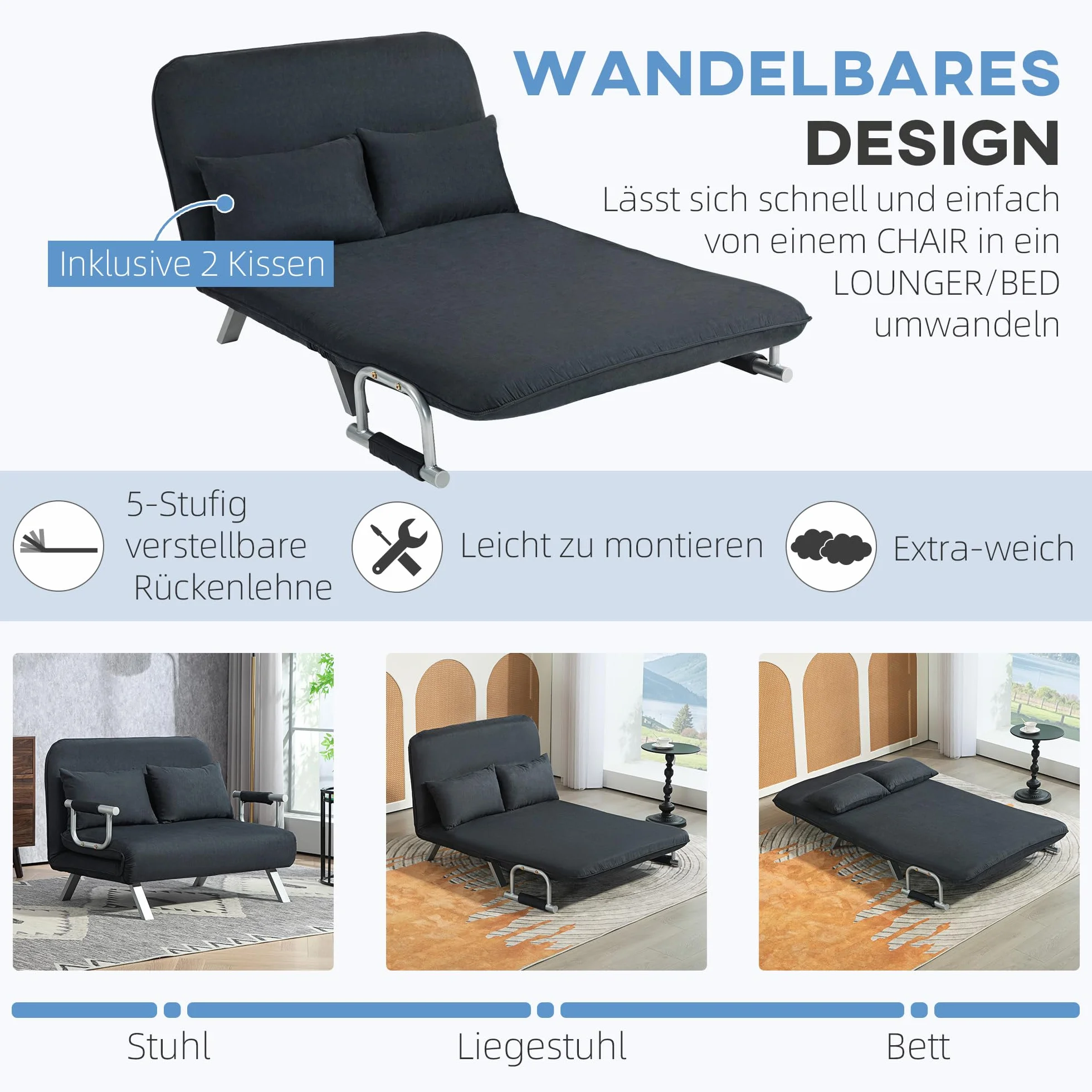 HOMCOM Sofa do spania 3 w 1, 185 x 105 cm, sofa do spania z 5-stopniową regulacją oparcia, poduszka do rzucania, 2-osobowa sofa z funkcją spania, aksamitny wygląd, szezlong do salonu, sypialni, kolor