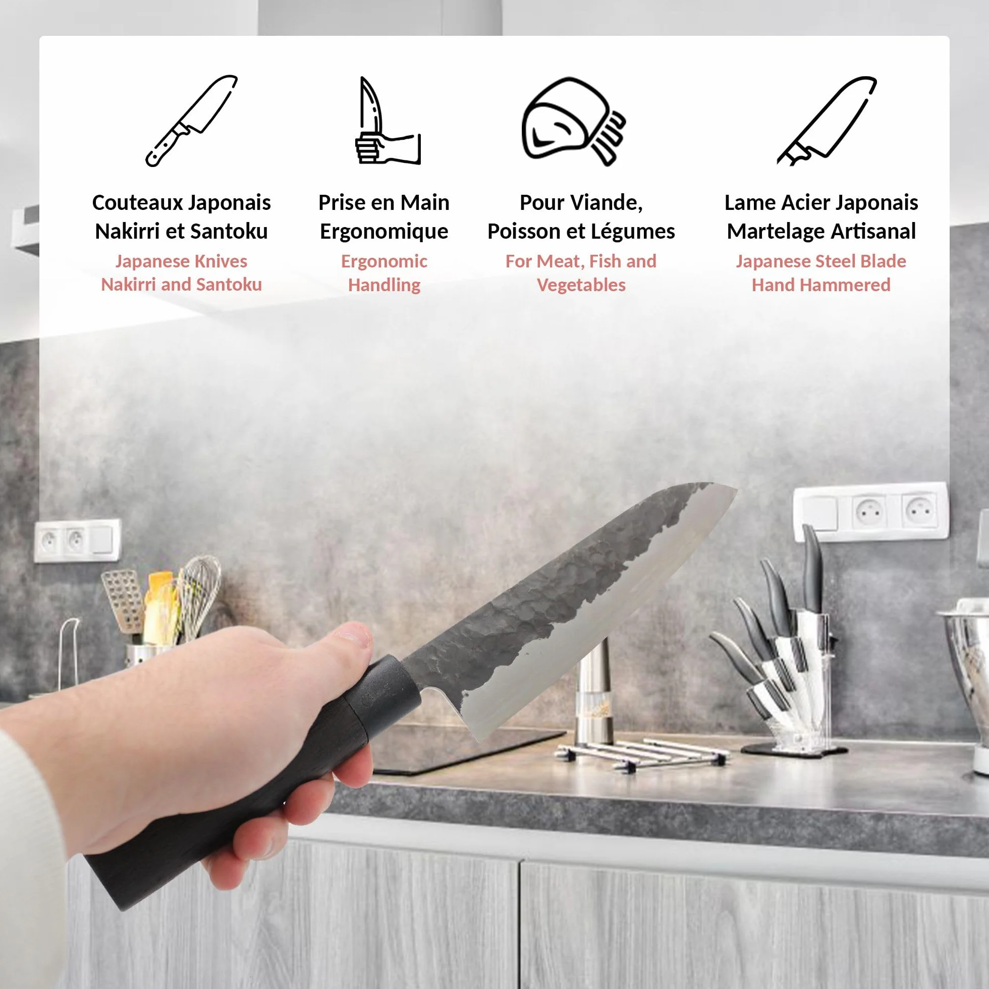 FISHTEC - Coffret 2 Couteaux Japonais - Nakiri et Santoku - Lame en Acier - Manche en Palissandre Africain - Boite Cadeau Protégeant la Lame - Coefficient 58 HRC - Martelage Artisanal