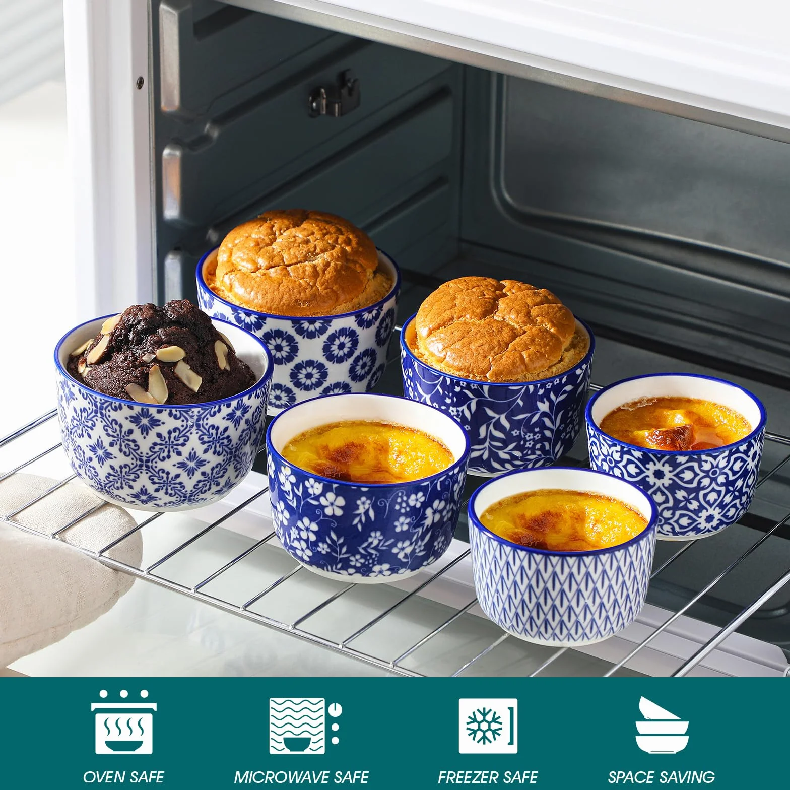 vancasso Selene Mini ceramiczne Ramekins, zestaw 6 sztuk, nadają się do piekarnika, do kremów brûlée, sufletów, deserów, ręcznie wykonanych niebiesko-białych wzorów