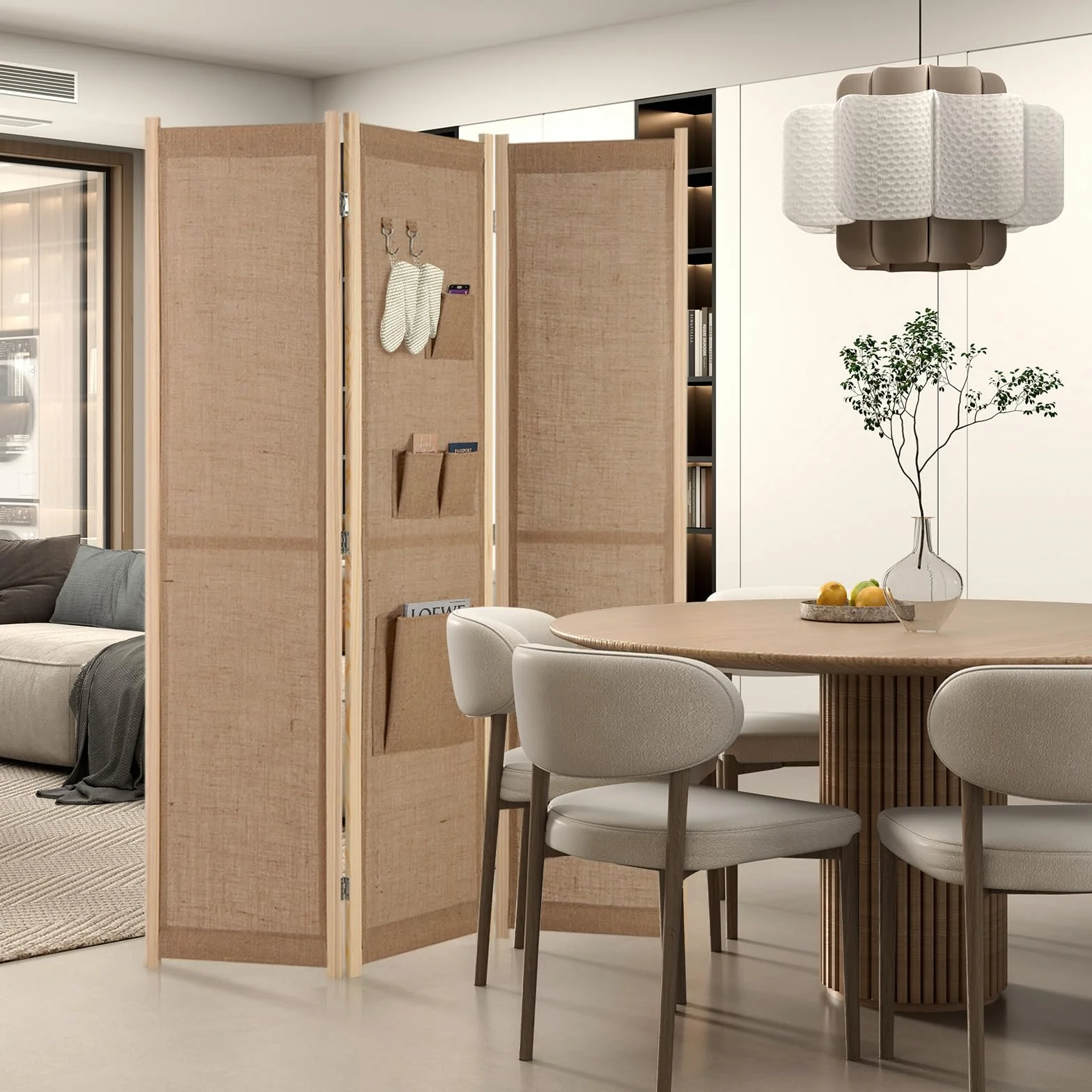 COSTWAY Parawan 170 x 121 cm, ścianka działowa z 2 haczykami, 1 duża i 3 małe torby do przechowywania, 3-częściowa ścianka działowa składana, wygląd lnu, drewniana rama, ochrona przed wzrokiem do