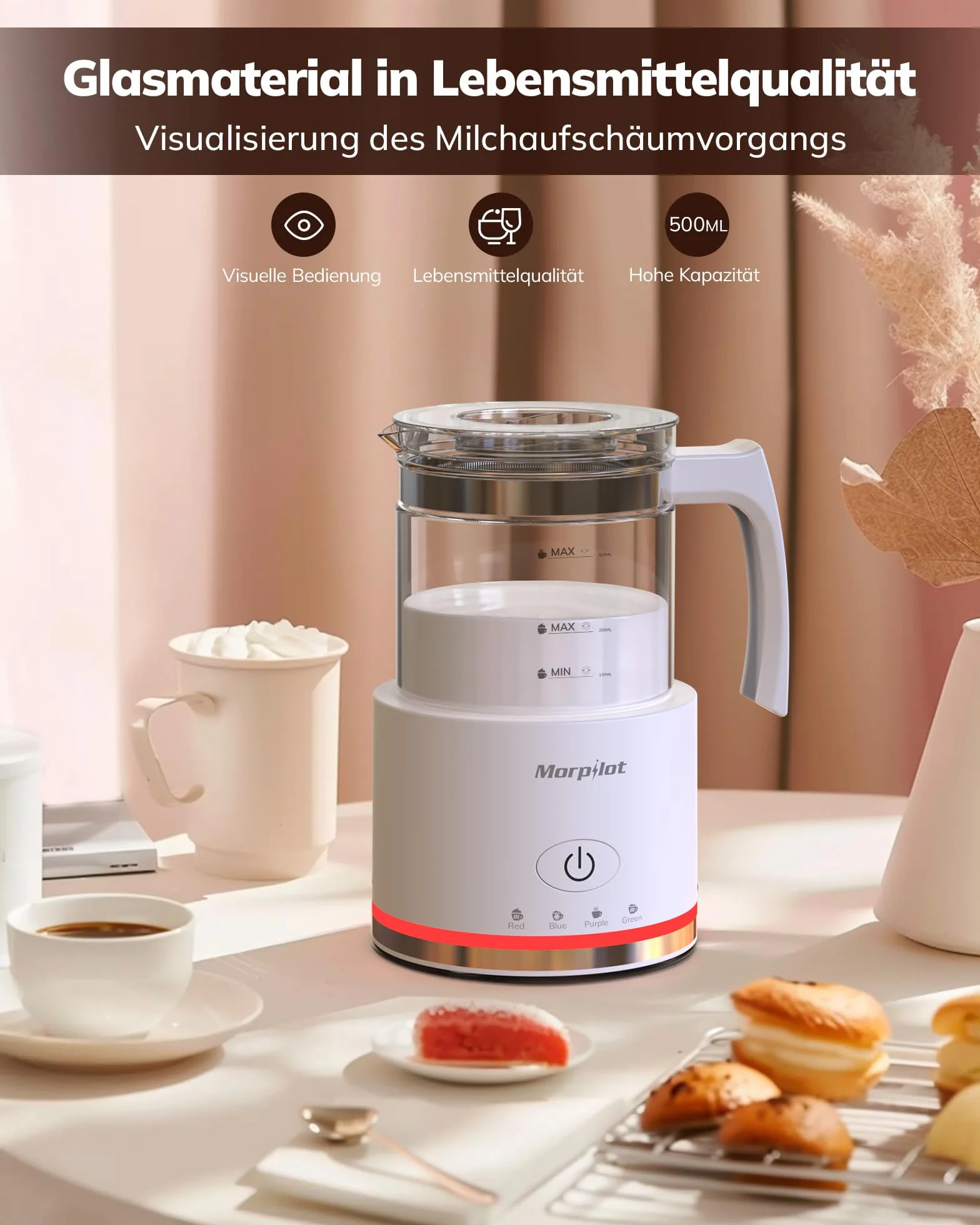 Morpilot spieniacz do mleka elektryczny, 130-500ml 600W, 4 w 1 spieniacz do mleka na gorąco i na zimno, odporny na zmywarkę, szkło wizualne, design latte, biały