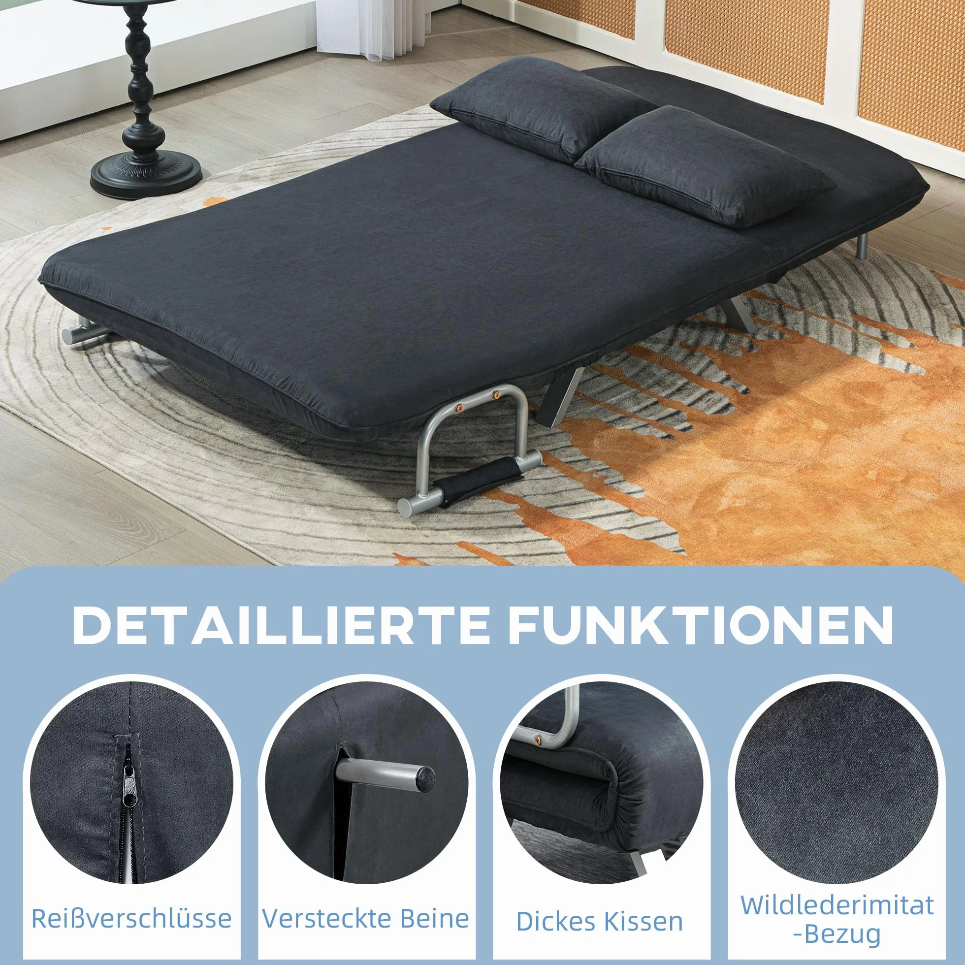 HOMCOM Sofa do spania 3 w 1, 185 x 105 cm, sofa do spania z 5-stopniową regulacją oparcia, poduszka do rzucania, 2-osobowa sofa z funkcją spania, aksamitny wygląd, szezlong do salonu, sypialni, kolor