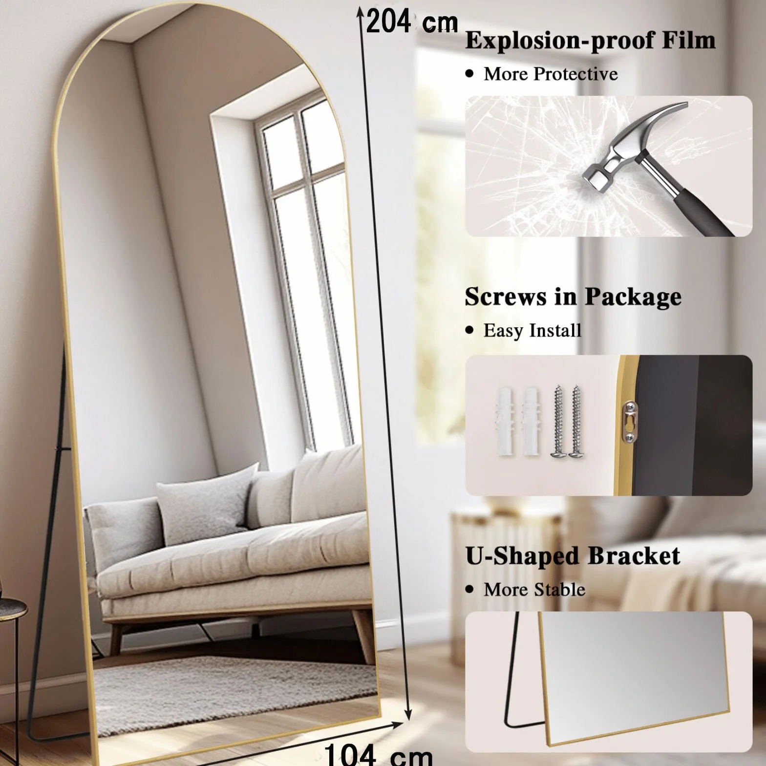 Pełne lustro 204 x 104 cm Łukowane podłogowo Duże lustro podłogowe do sypialni, salonu i przedpokoju, szkło hartowane, złota rama ze stopu aluminium