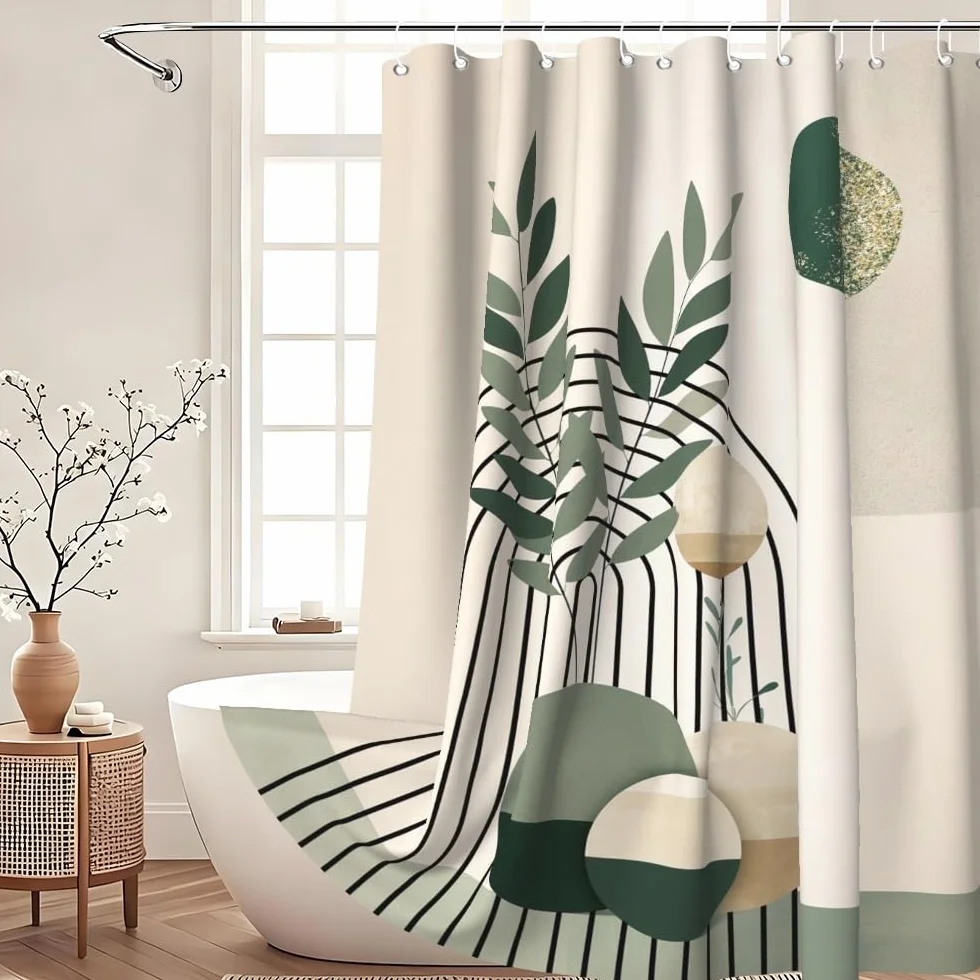 Boho zasłona prysznicowa zielone liście szałwii w stylu mid-century zasłona łazienkowa minimalistyczna geometryczna estetyczna roślina złote kropki odporna na pleśń i grzyb nadająca się do