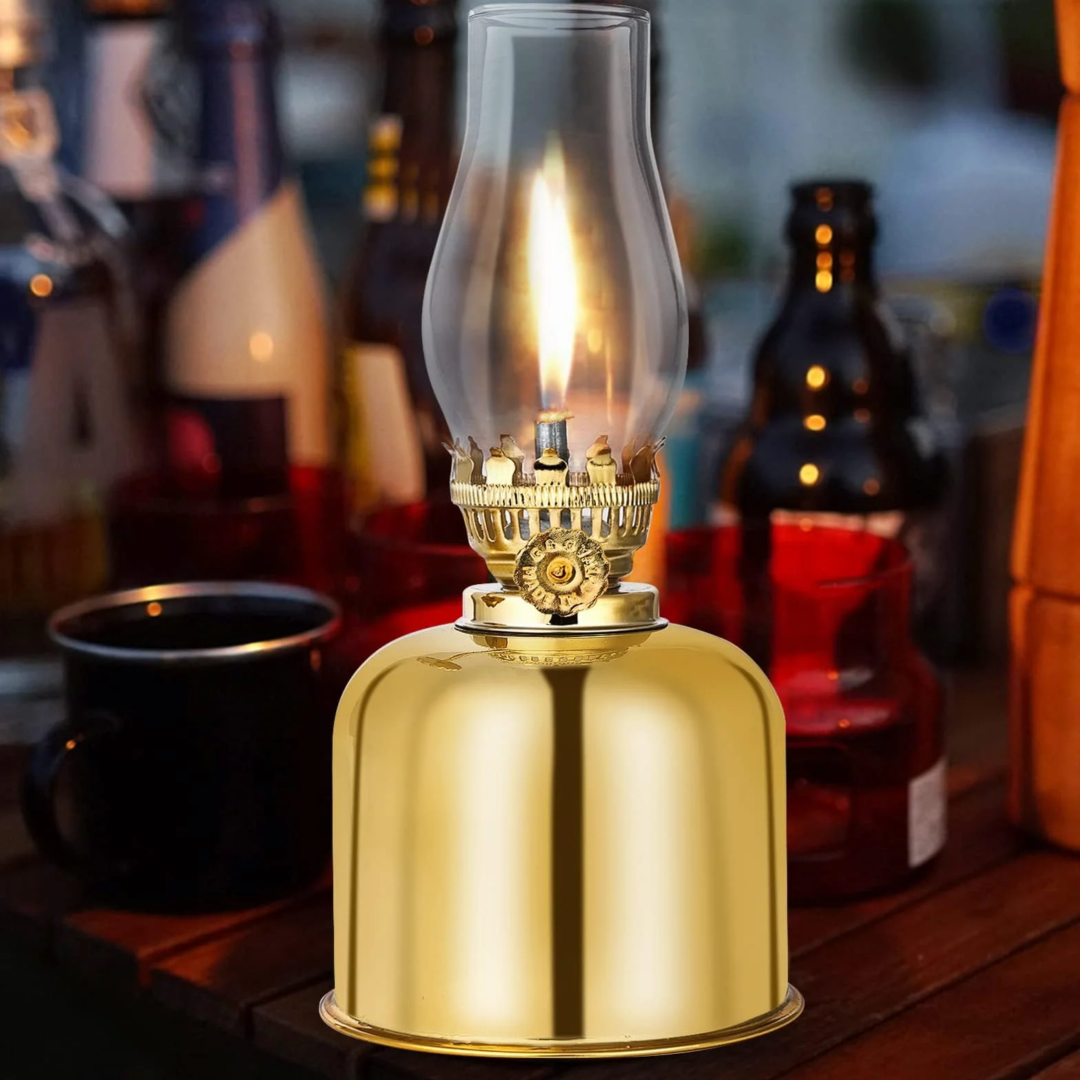 Lampa naftowa, lampa olejowa w stylu retro, latarnia z metalu i szkła, z obrotową oprawką – do użytku wewnątrz i na zewnątrz, wiatroszczelna, w antycznym stylu vintage (złota)