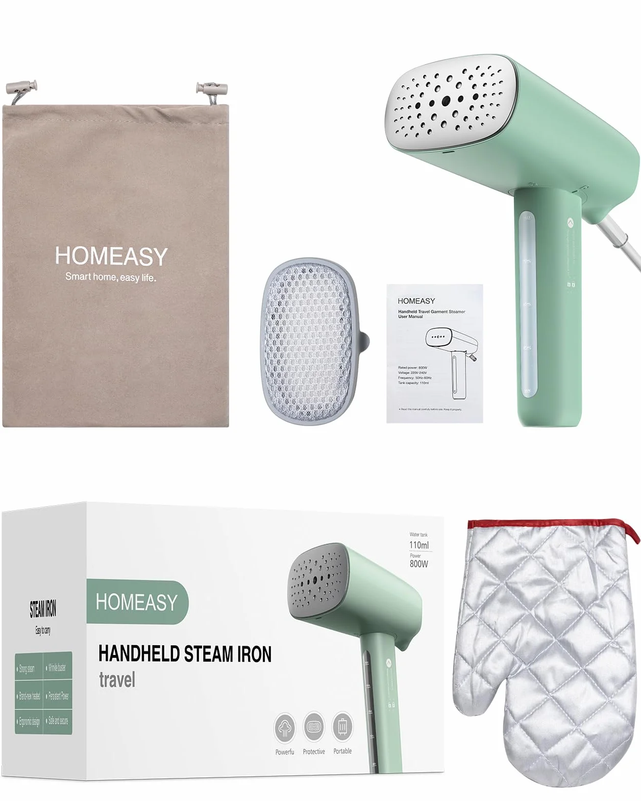 HOMEASY Podróżna prasownica parowa, 110 ml, żelazko turystyczne 800 W, szybkie nagrzewanie, 40 s, żelazko parowe, na co dzień i w podróży