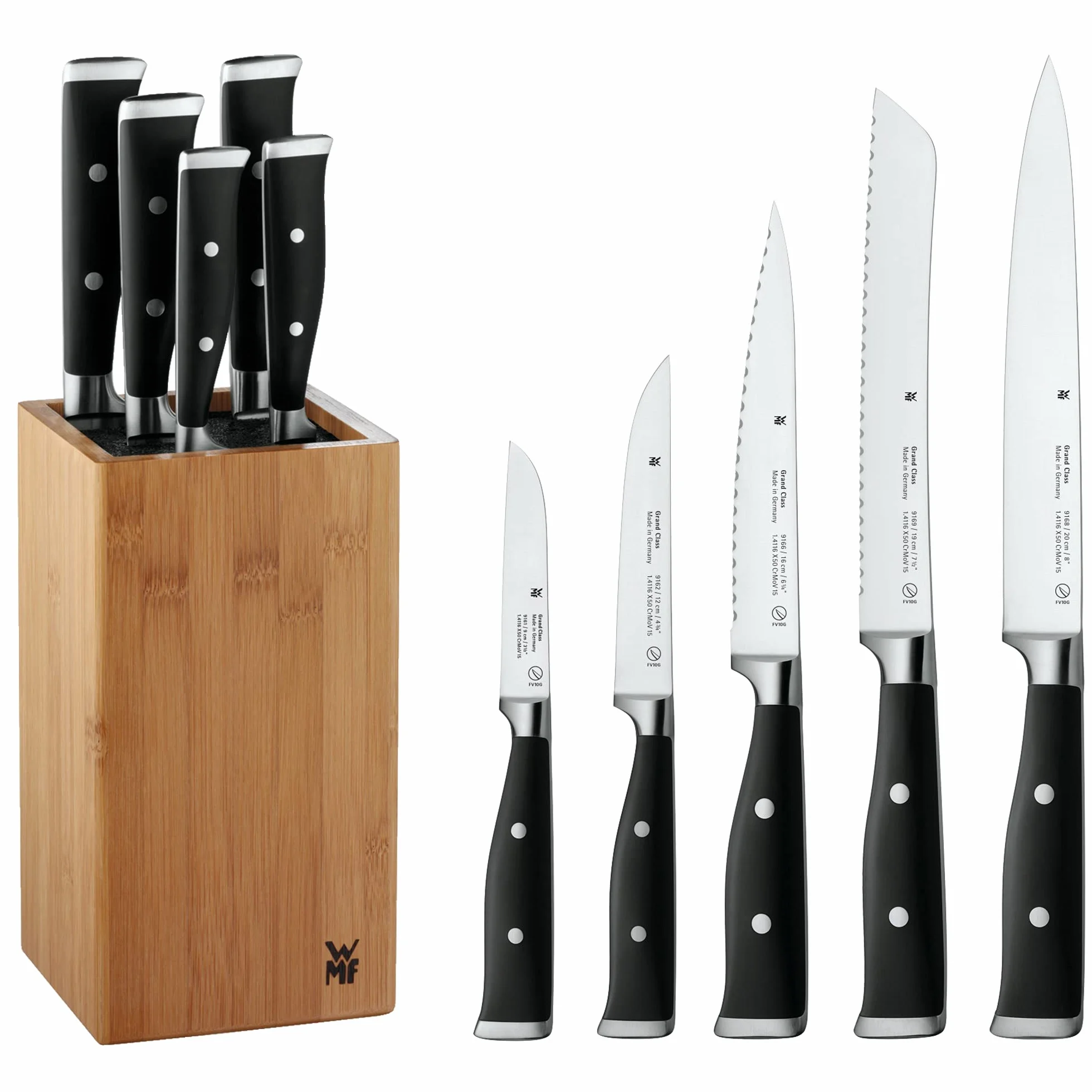 WMF Grand Class Blok na noże z zestawem noży, 6-częściowy, wyprodukowano w Niemczech, kute 5 noży, blok bambusowy, wkład ze szczeciny z tworzywa sztucznego Performance Cut