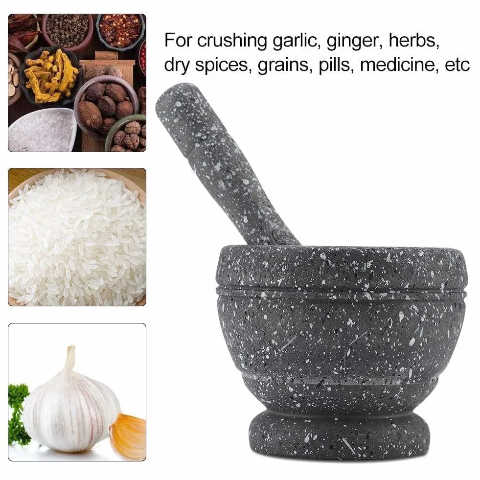 Moździerz i tłuczek, miska do mielenia z młotkiem prętowym, sos tłuczek do czosnku młynek ręczny kruszarka gadżety kuchenne przyprawy do przypraw(Black Granite Grain)