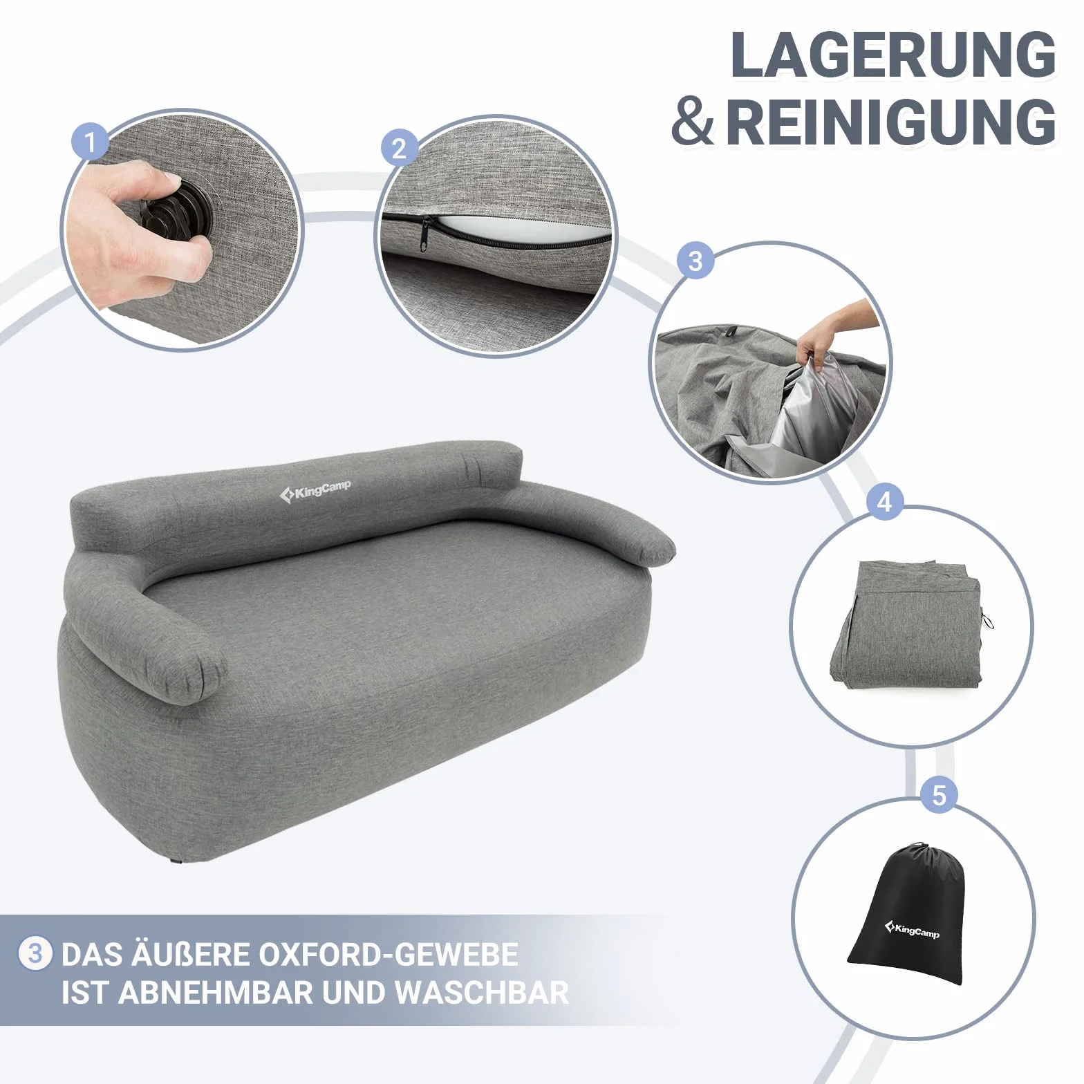 KingCamp Nadmuchiwana sofa kempingowa z podłokietnikami na plecach, do użytku wewnątrz i na zewnątrz, na imprezę, w podróży, na plażę