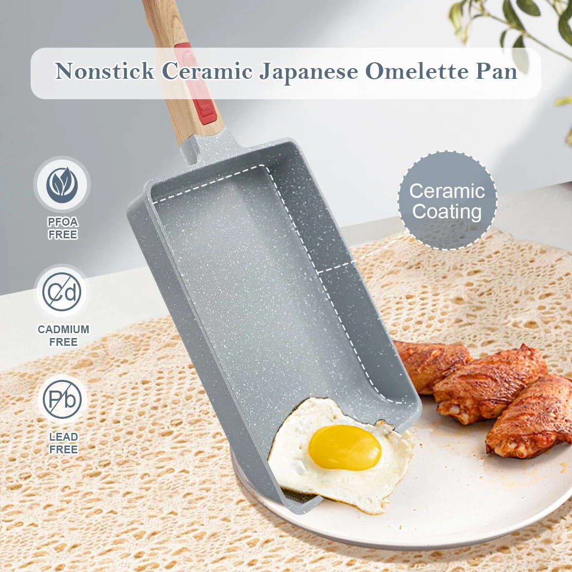 AIKENBBKK Ceramiczna patelnia Tamagoyaki, japońska patelnia do omletów, nieprzywierająca, prostokątna, kwadratowa patelnia do jajek, nieprzywierająca, odłączany uchwyt, bez PFAS i PFOA, nadaje się do
