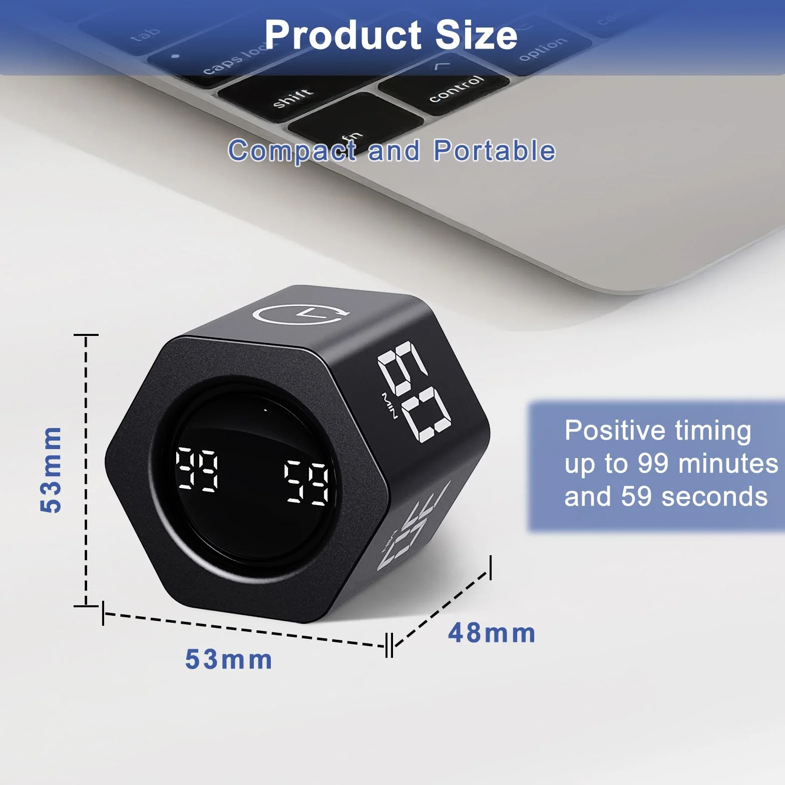 Cuteefun Cube Timer, sześciokątny cyfrowy zegar obrotowy, 1-5-10-30-60 min, cichy, wibracyjny, regulacja głośności, czarny