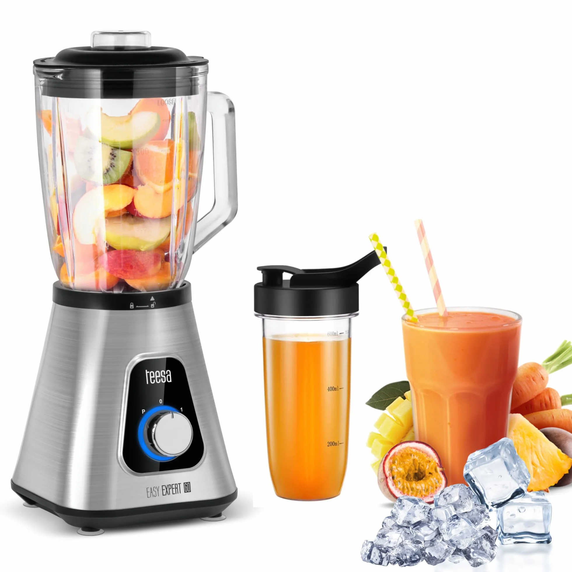 Teesa Blender Kielichowy Easy EXPERT GO Moc 1300 W Szklany Kielich o Pojemności 1,5 L Kruszy Lód TSA3549