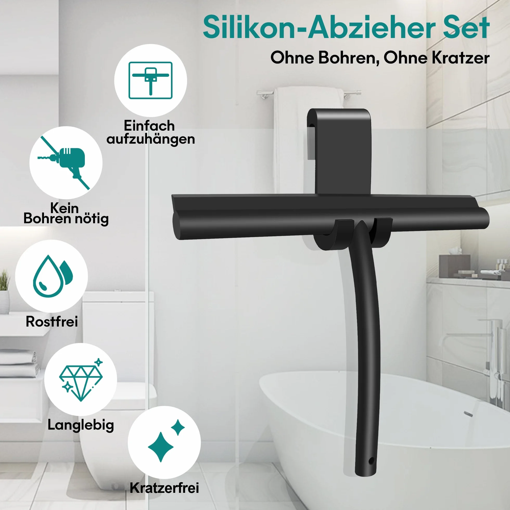 Shower Squeegee ściągaczka prysznicowa, 28 cm, silikonowa, szeroka, czarna – ściągaczka do prysznica i łazienki z uchwytem, bez wiercenia, ściągacz do okien z przyssawką i hakiem