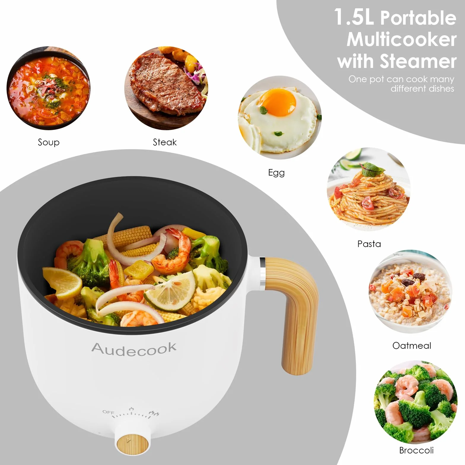 Audecook Elektryczny gorący garnek z parowarem, przenośna nieprzywierająca mini wielofunkcyjna kuchenka Shabu, patelnia elektryczna z podwójną regulacją mocy, do makaronu ramenowego, makaronu, jajek