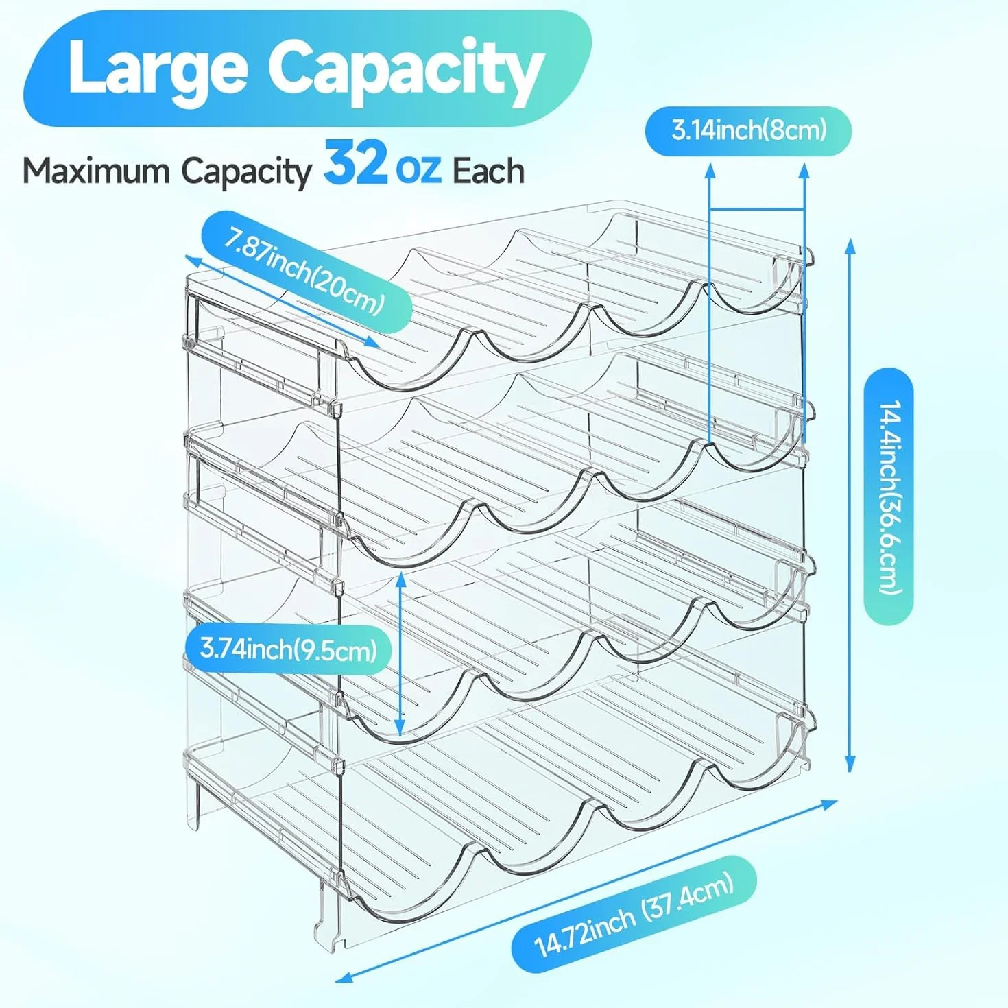 KAHEIGN Organizery na butelki wody, 39 x 21 cm, przezroczysty stojak do przechowywania kubków do układania w stos, plastikowy uchwyt na butelkę wody, do lodówki, szafki kuchennej, spiżarni, butelek