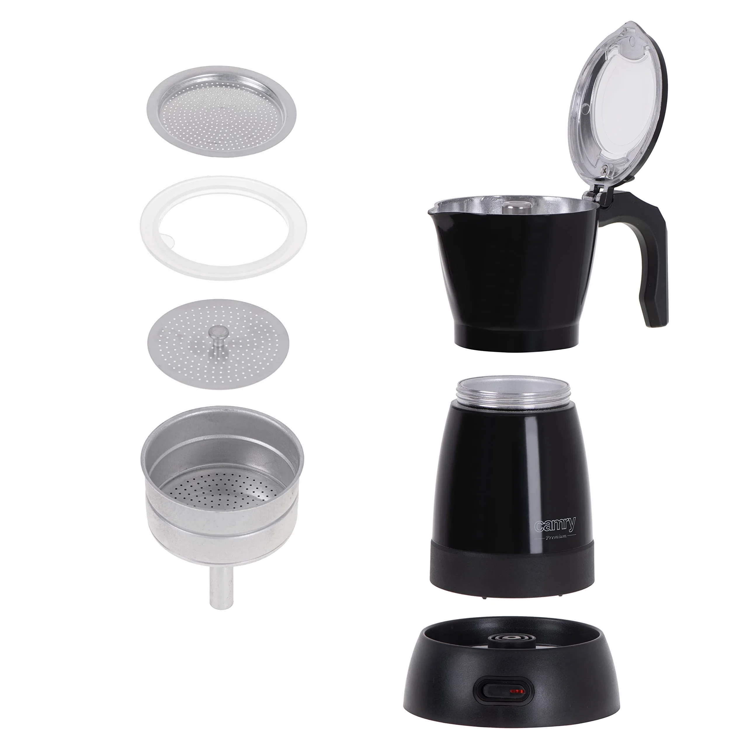 Camry CR4415B Kawiarka Elektryczna Moka 300ml 6 Filiżanek, Obrotowa Podstawa 360°, Aluminium, Automatyczne Wyłączanie, Bezpieczeństwo Termiczne
