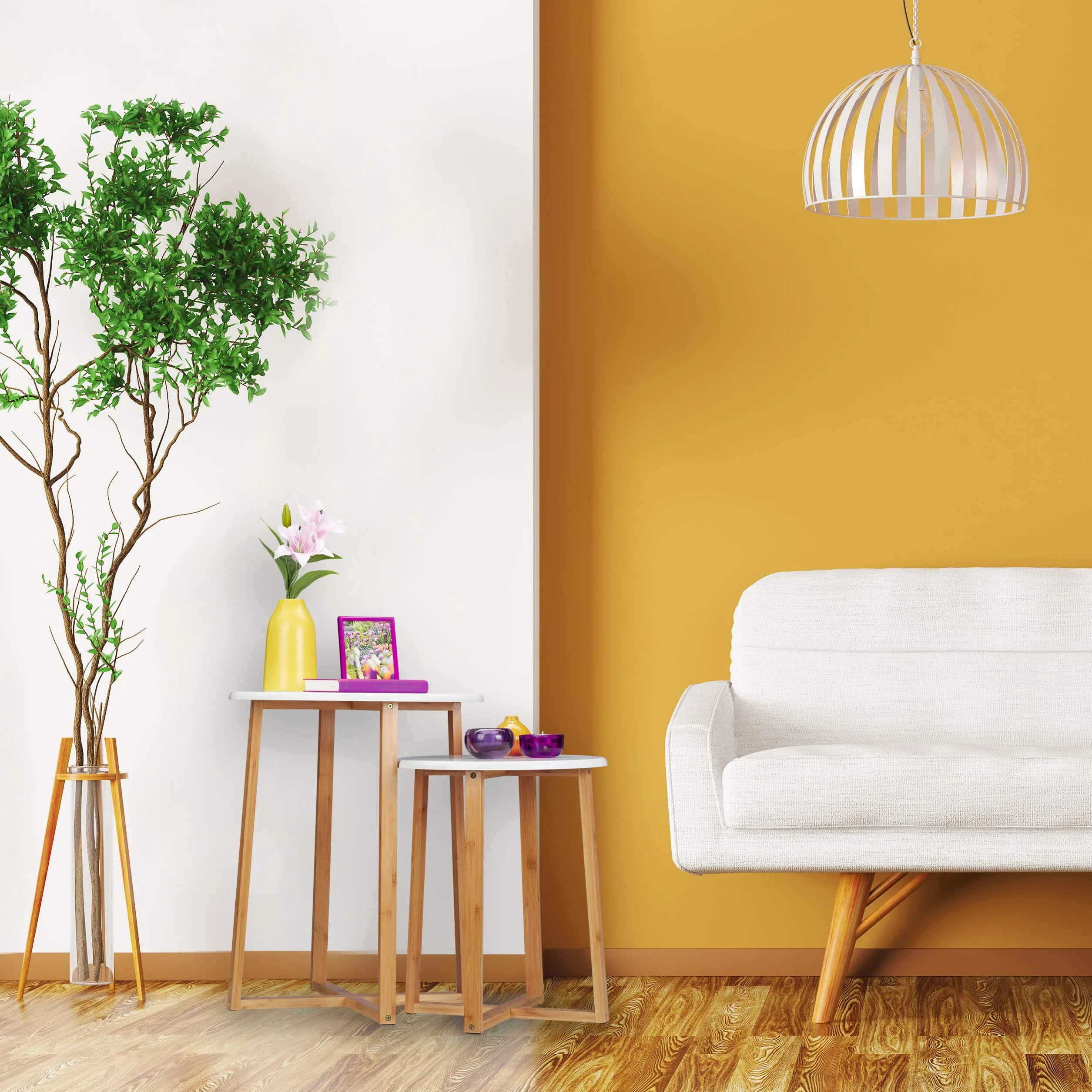 Zestaw 2 stolików bocznych Relaxdays, okrągłe stoliki o wysokości 48,5 i 60,5 cm, nowoczesny design, stolik do salonu, naturalny/biały