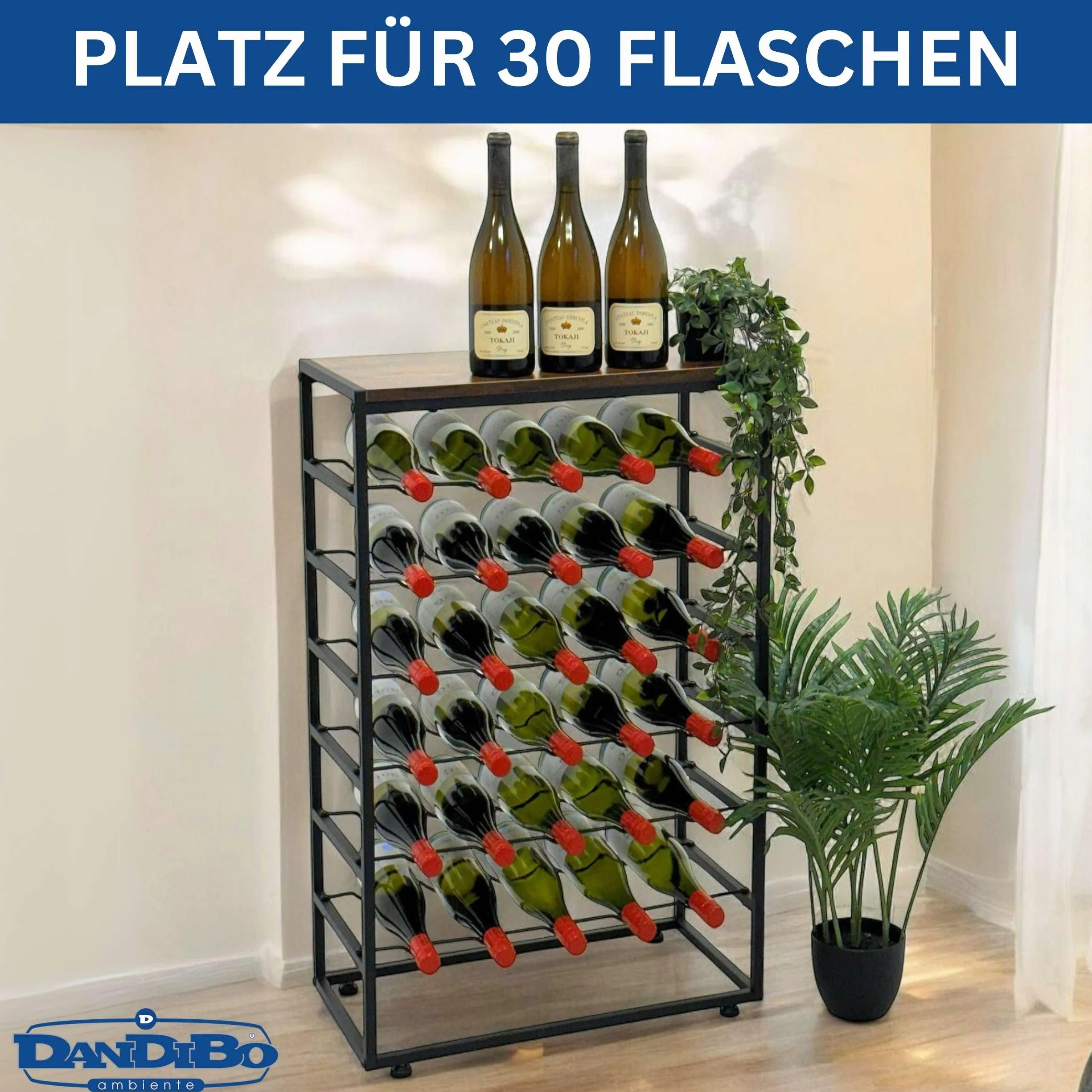 DanDiBo Regał na wino, metalowy, czarny, stojący 30 butelek, 96605, stojak na butelki wina, uchwyt na butelki