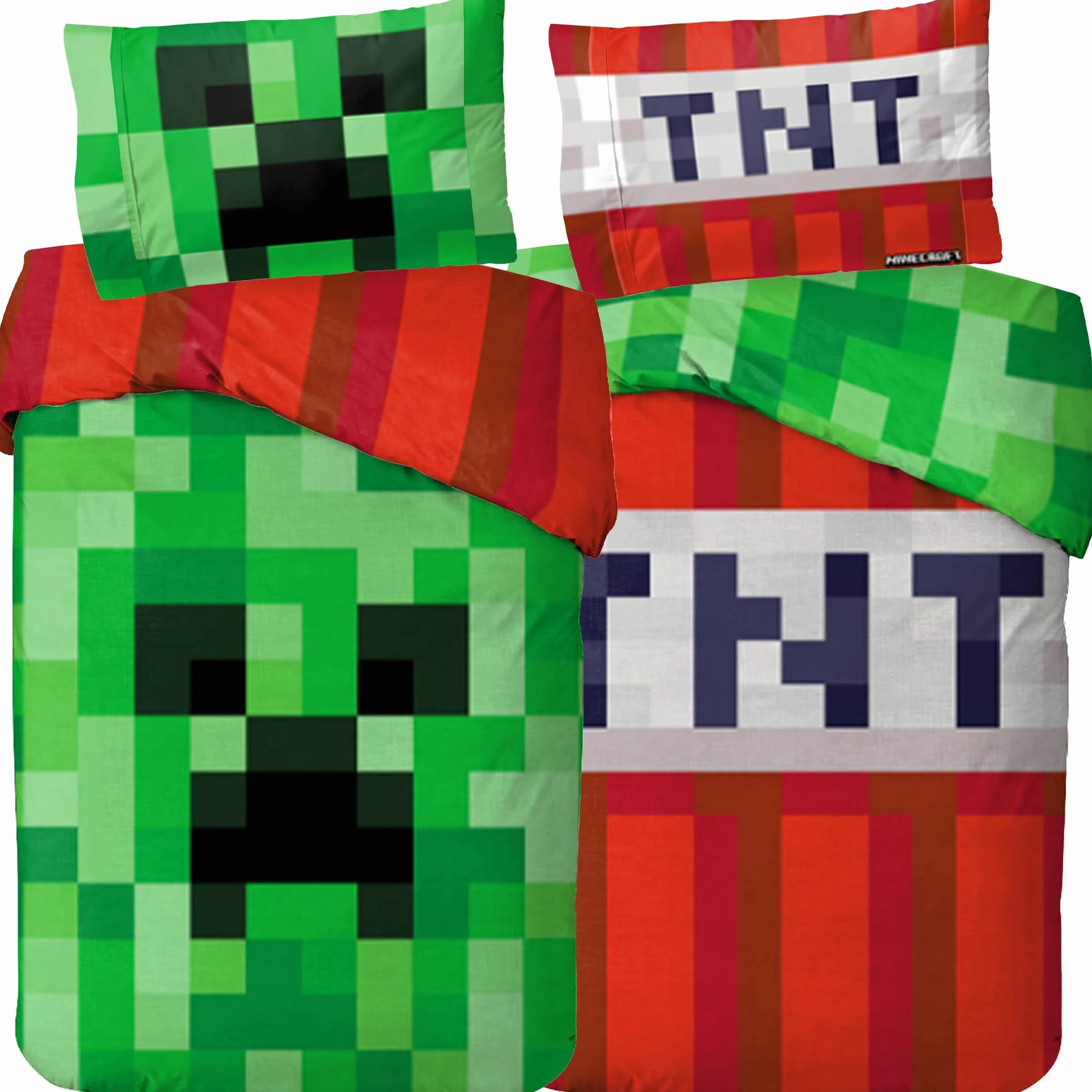 BERONAGE Dwustronna pościel z linii Minecraft Creeper TNT; 135 x 200 cm + 80 x 80 cm; 100% bawełna; jakość Renforcé; linon; pościel dla dzieci; motywy Crafting, Zombie, Enderman, Enderdrache, Szkielet