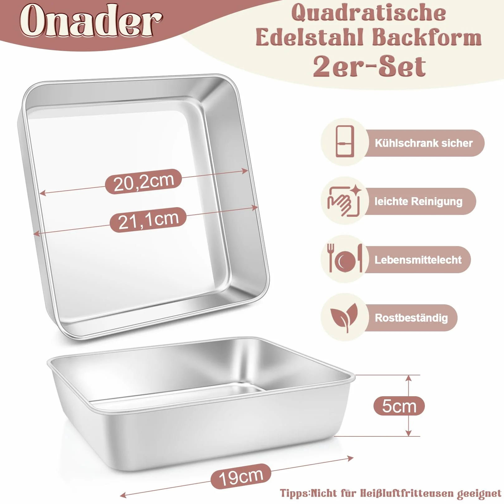 Onader kwadratowa forma do ciasta, ze stali nierdzewnej, prostokątna forma do zapiekania, zestaw 2 sztuk, 21,1 x 21,1 x 5 cm, idealna do brownie/lasagne/ciasta, nietoksyczna i nadaje się do mycia w