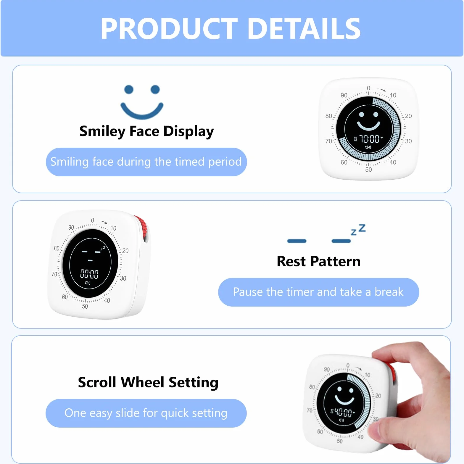 Cuteefun 100-minutowy wizualny timer Pomodoro z wyświetlaczem Smiley, szybkie przesuwanie, tryb wyciszenia i wibracji, regulowana głośność, krótki timer do kuchni i gabinetu