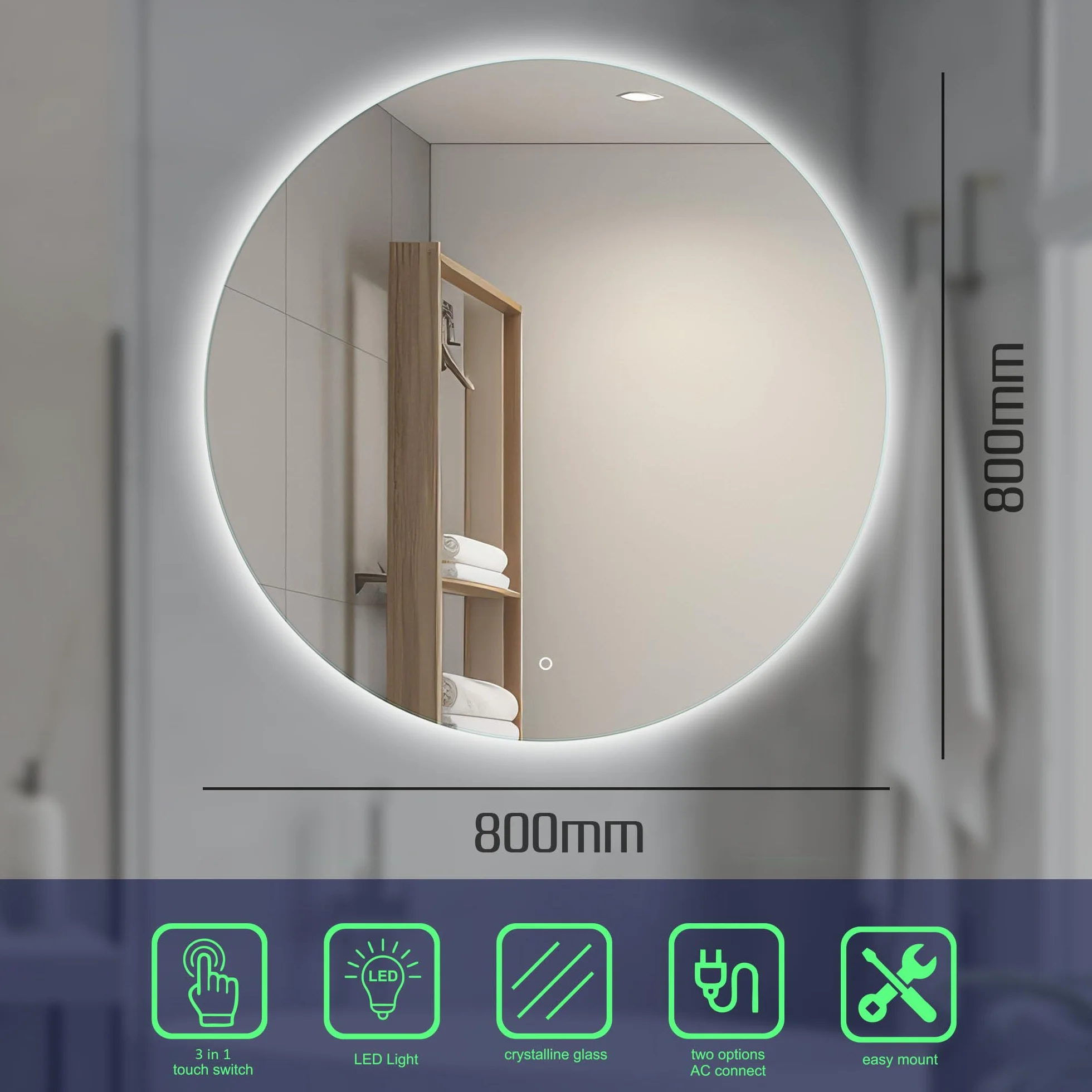 Okrągłe lustro łazienkowe 80 cm z oświetleniem LED, Okrągłe lustro ścienne LED z włącznikiem, Lustro z naturalnym białym światłem, Podświetlane z tyłu