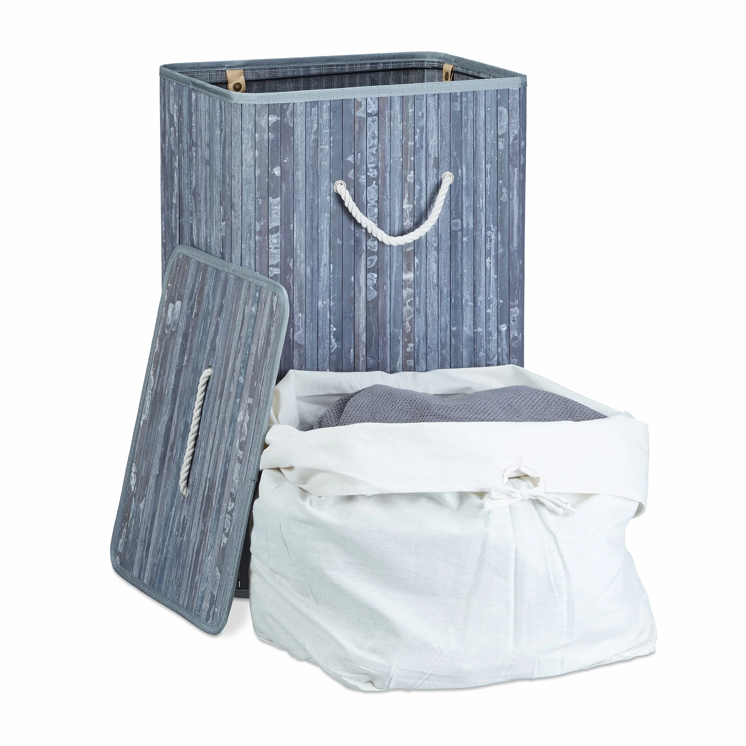 Relaxdays Bambusowy kosz na pranie składany XL 83 l 65,5 x 43,5 x 33,5 cm szary