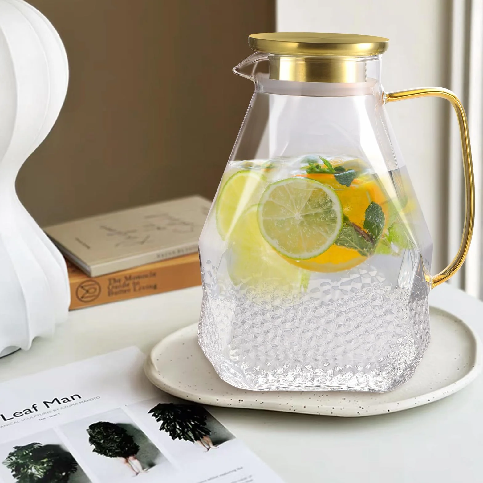 ecooe Szklana karafka na wodę 1,8 l do drzwi lodówki, karafka szklana z pokrywką ze stali nierdzewnej, klips do lodówki, dzbanek na wodę do gorącej i zimnej wody, napojów DIY, mrożonej herbaty, soku