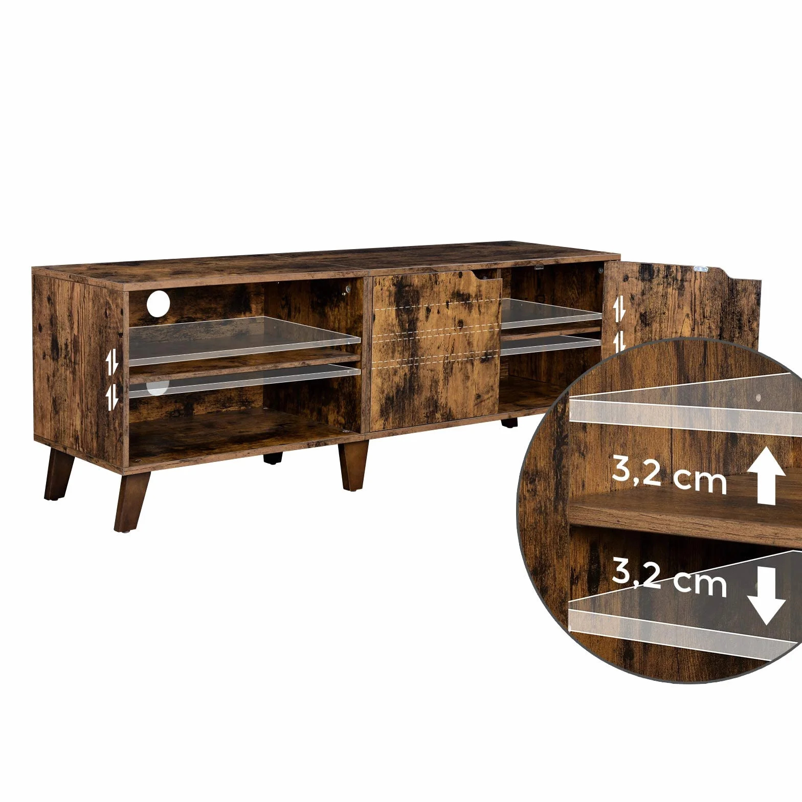 VASAGLE 2-drzwiowa szafka pod telewizor, stojak na telewizor z regulowanymi półkami, długość 140 cm, do telewizorów 65-calowych, salonu, jadalni, sypialni, rustykalny brąz LTV027X01
