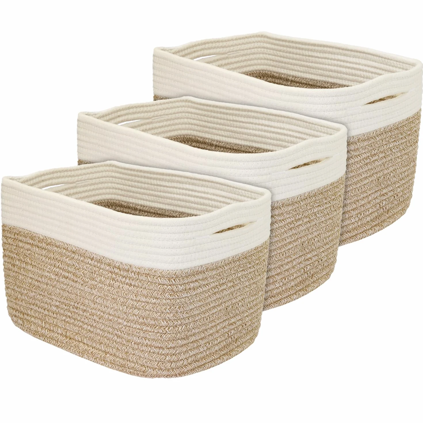 HMF Kosz do przechowywania z ukrytymi uchwytami, zestaw 3 sztuk, kosz bawełniany, 37,5 x 25 x 22,5 cm, biały/brązowy