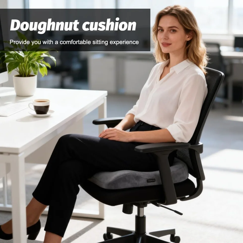 CEWROM Poduszka do siedzenia, ergonomiczna poduszka do siedzenia, z pianki z pamięcią kształtu, łagodzi nacisk poprzez długie siedzenie, poduszka pierścieniowa do krzeseł biurowych, wózków