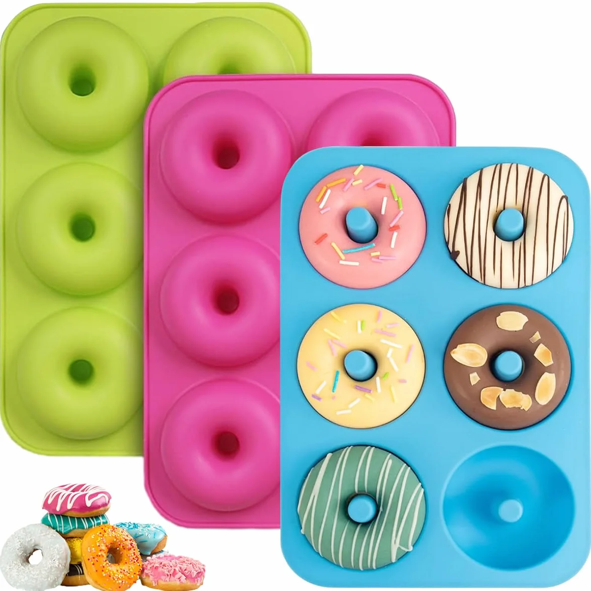 HIKPACKER 3 sztuki silikonowych foremek do pieczenia pączków, 6 pustych przestrzeni, nieprzywierająca, nie zawiera BPA, forma do donutów, do -40 do 230 stopni, dobra do pieczenia pączków, zielonych