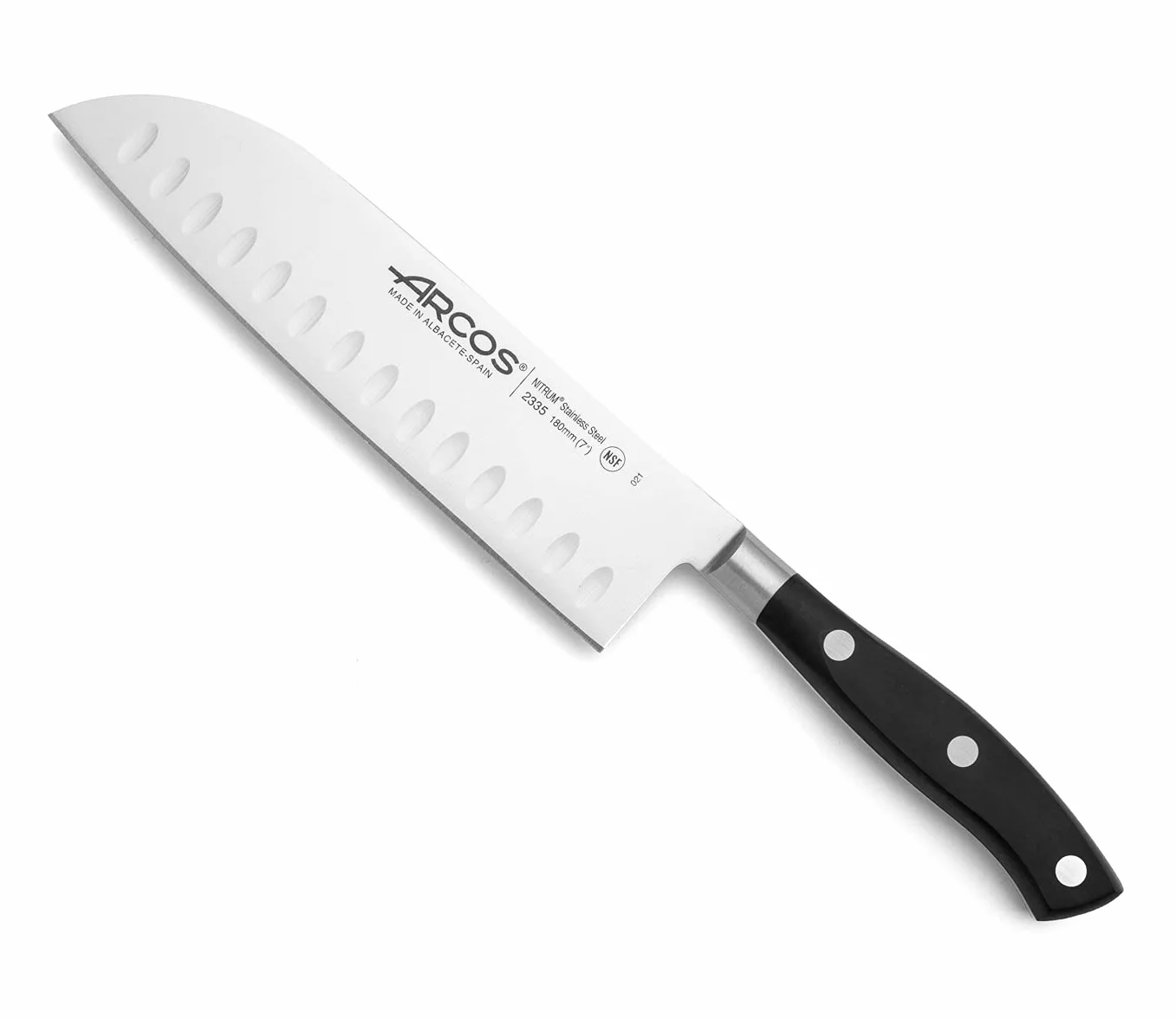 ARCOS Noże Santoku i ze stali. Japoński Kuchenny do krojenia mięsa, ryb i warzyw. Ergonomiczna rękojeść z i ostrze o długości 180 mm. Seria Riviera. Kolor czarny.