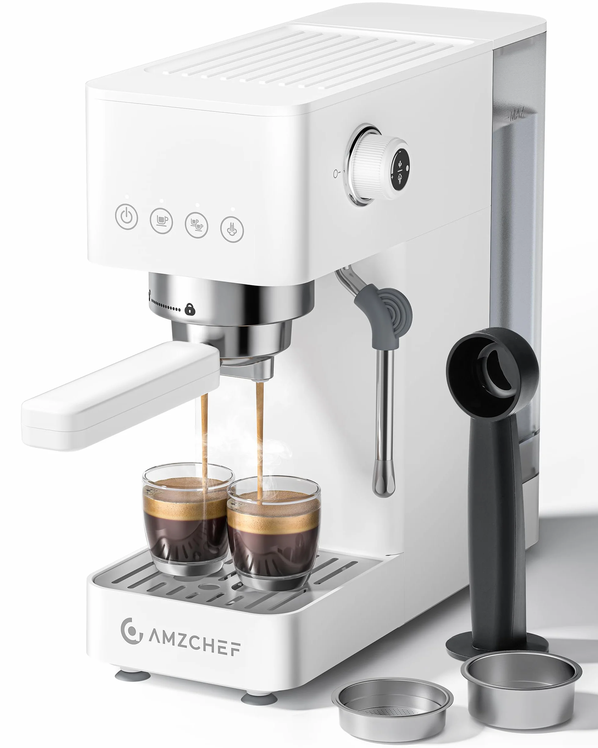 AMZCHEF Ekspres do kawy z sitkiem, 20 bar, ekspres do espresso z profesjonalnym spieniaczem do mleka, mały ekspres do kawy do cappuccino, latte i macchiato, zbiornik na wodę 1,5 l, biały
