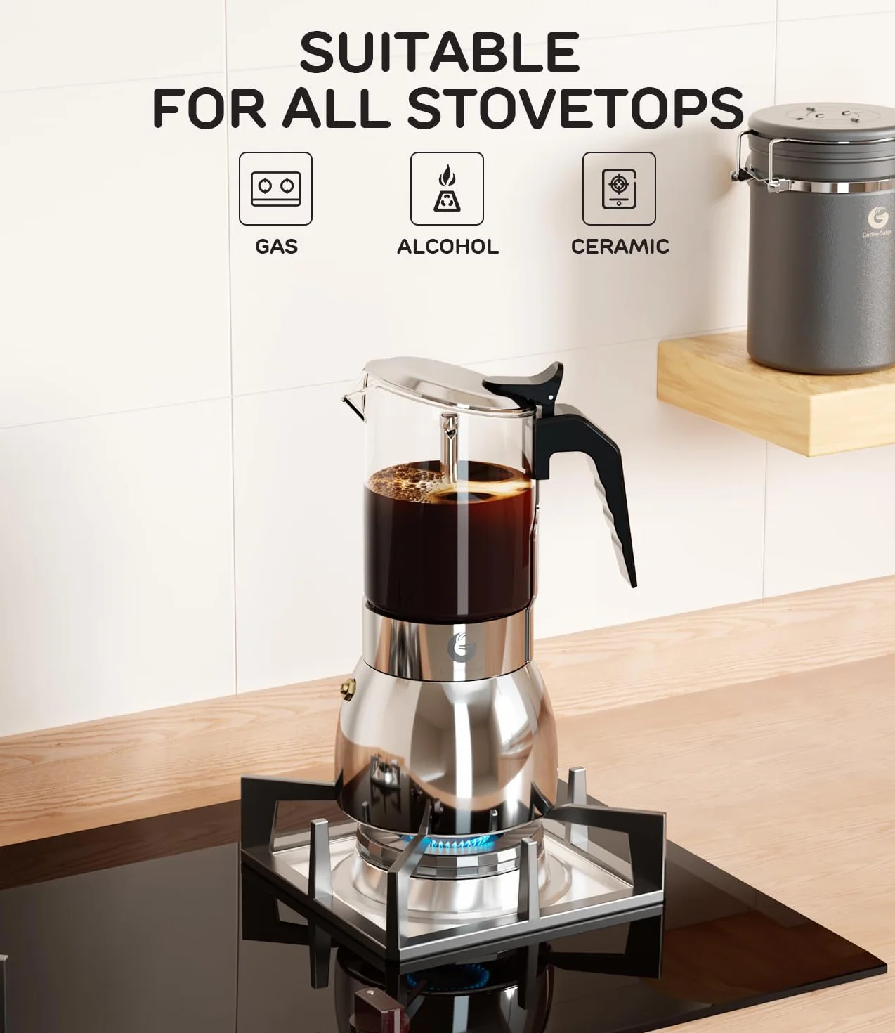 Coffee Gator 9 filiżanek Moka Pot, 450 ml kuchenka ekspres do kawy włoskiej, przezroczyste szkło i konstrukcja ze stali nierdzewnej, srebrny
