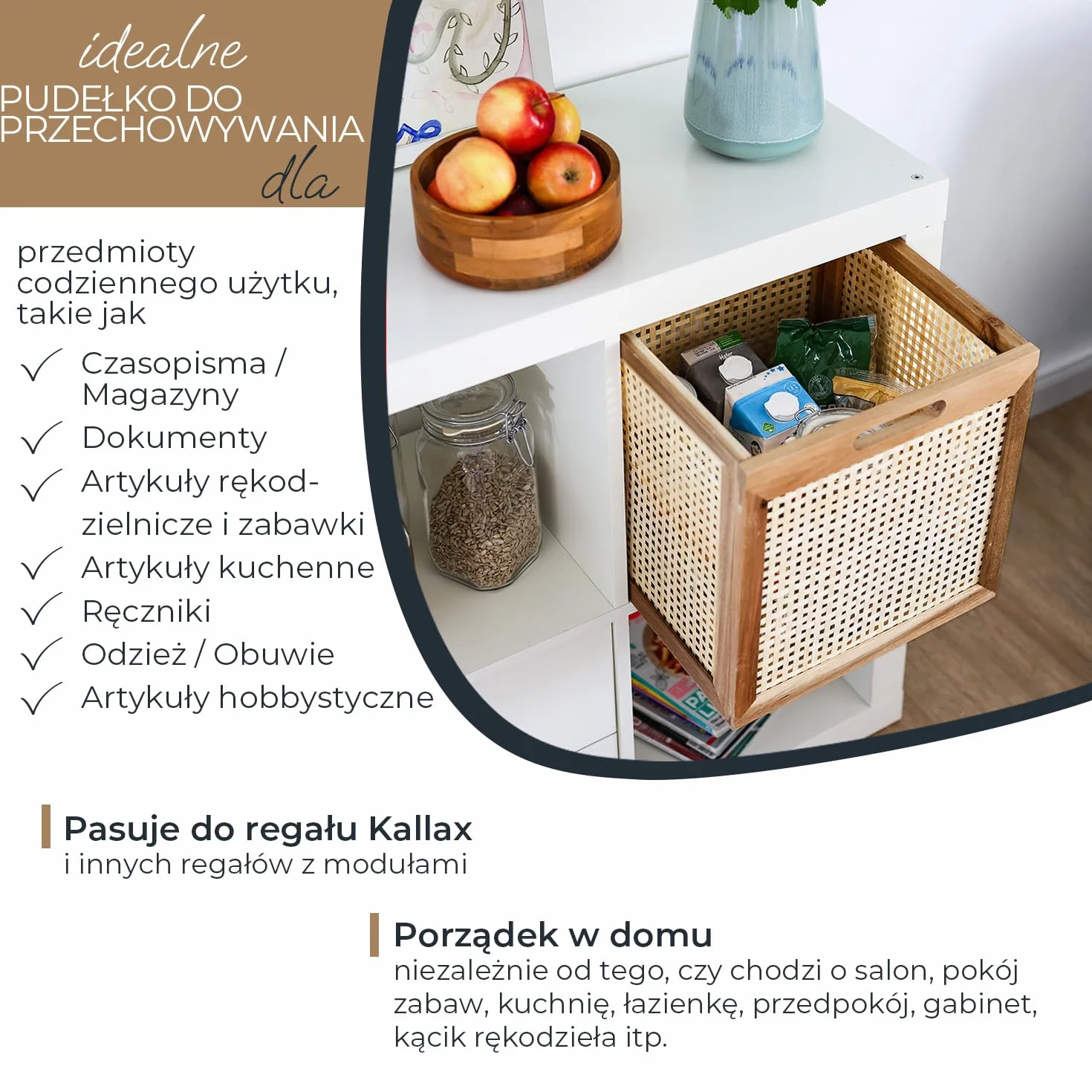 HMF Kosz do przechowywania pasujący do Kallax, rattan plecionka wiedeńska drewno akacjowe 32x34x32 cm