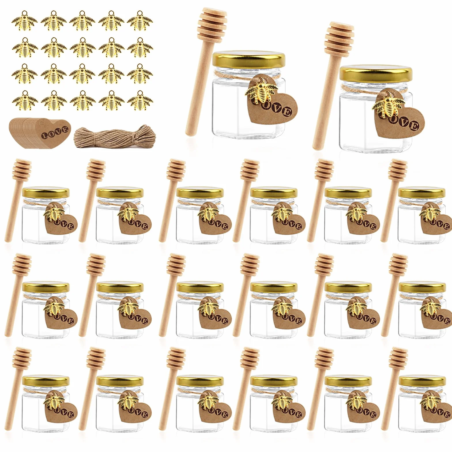 20pcs 45ml Mini sześciokątne słoiki z miodem z drewnianymi łyżkami, miód szklane słoiki z pokrywką, wisiorki pszczół, etykiety z papieru pakowego, mini słoiki ślubne prezenty gościnne, baby shower