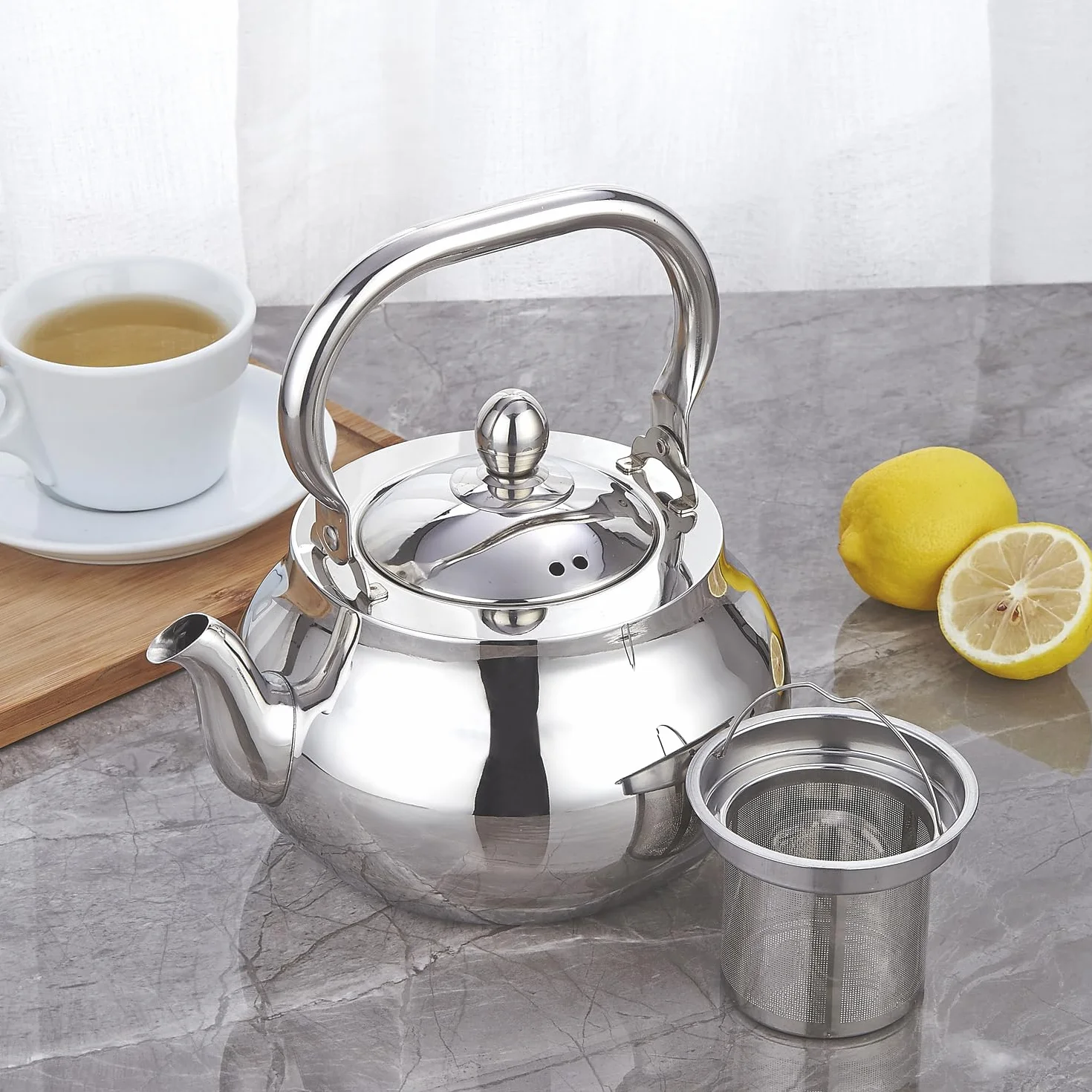 SANQIAHOME Czajniczek ze stali nierdzewnej z wyjmowanym zaparzaczem 71 uncji (2000 ml) Zagęszczony lustrzany polerowany ekspres do herbaty z płytą kuchenną do ziół i naparów
