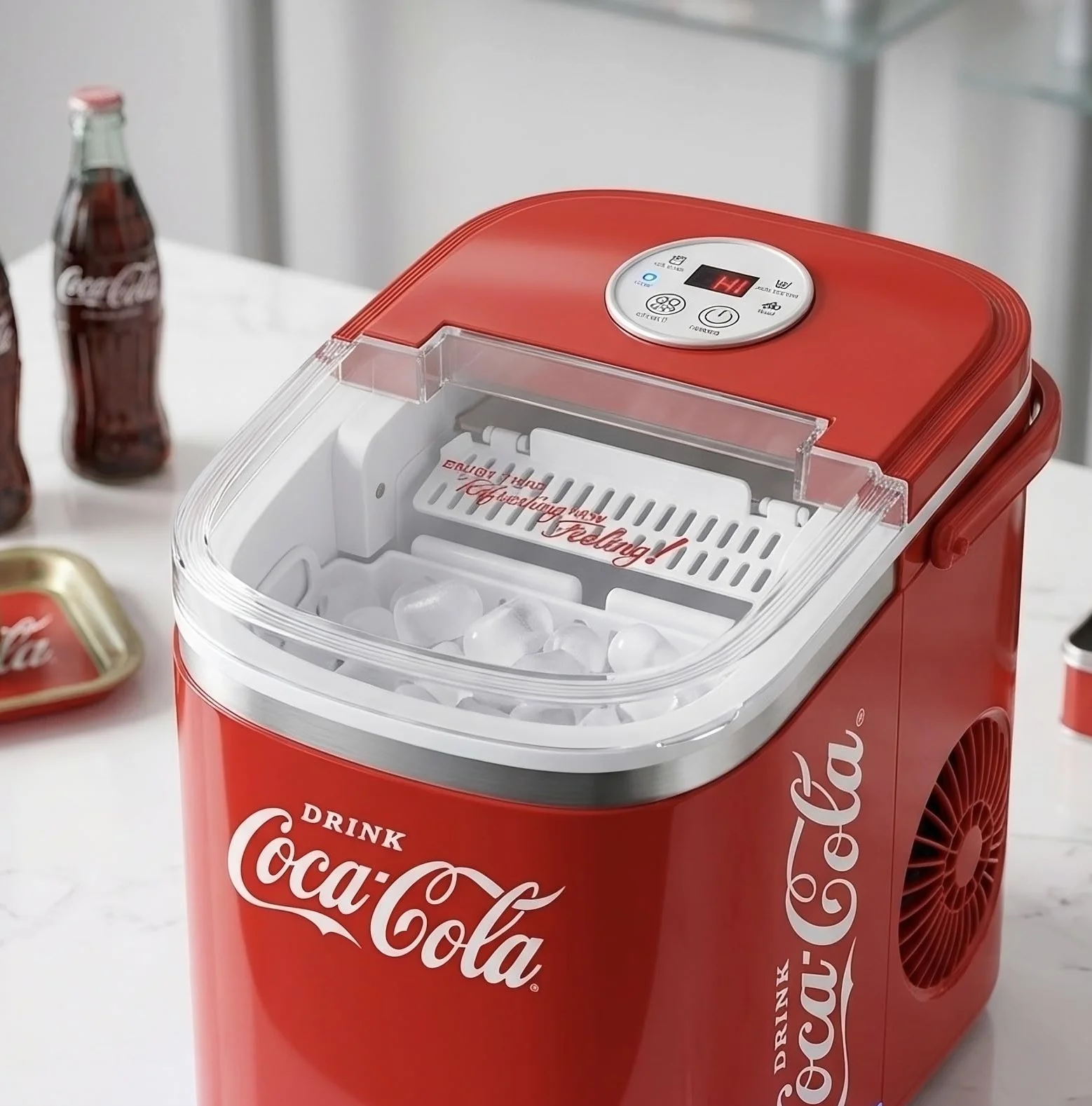 Salco Coca Cola kostkarka do lodu w kolorze czerwonym, 2 rozmiary kostek lodu, 12 kg na dzień, w stylu retro, czerwona, przenośna kostkarka do kostek lodu do koktajli, napojów i imprez