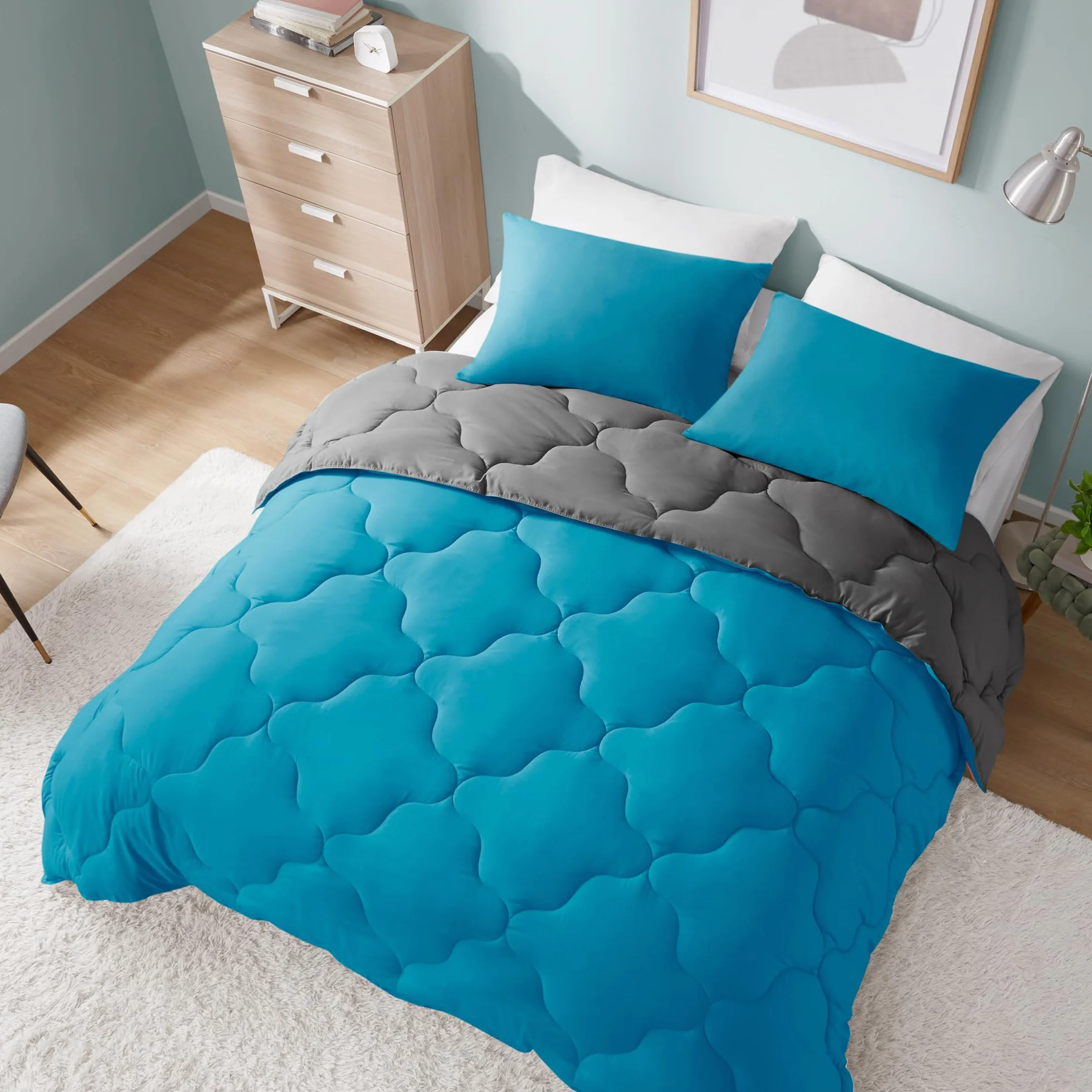 Comfort Spaces Vixie Reversible Comforter Set - Trendy Casual Geometric Quilted Cover, All Season Down Alternative Cozy Bedding, Matching Sham, Teal/Charcoal, Full/Queen 3 piece