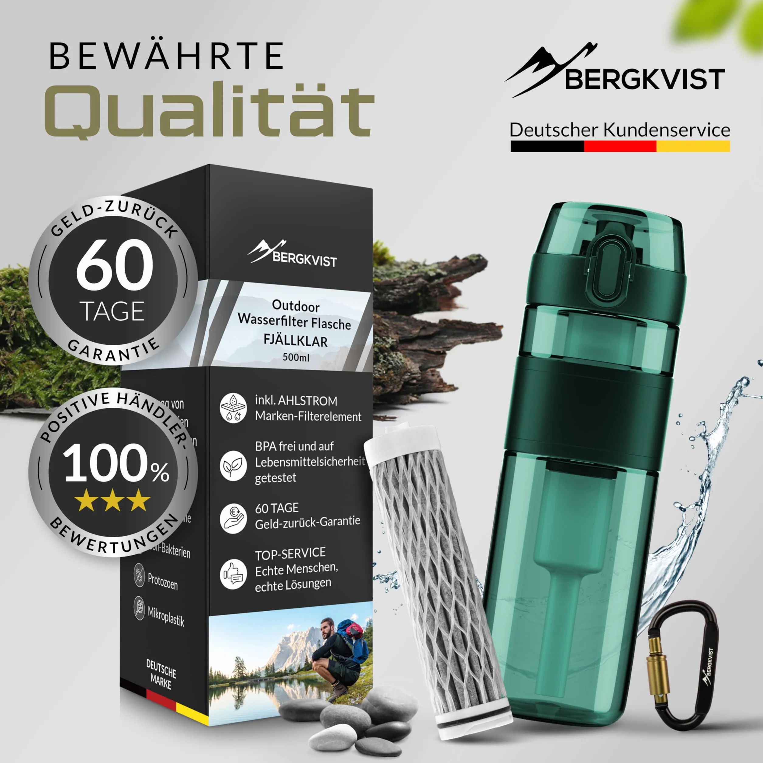 BERGKVIST Ahlstrom butelka z filtrem do wody na świeżym powietrzu (500 ml) – butelka na napoje z filtrem firmy AHLSTROM zapewnia czystą wodę pitną na kempingu, podczas wędrówek i przygód survivalowych