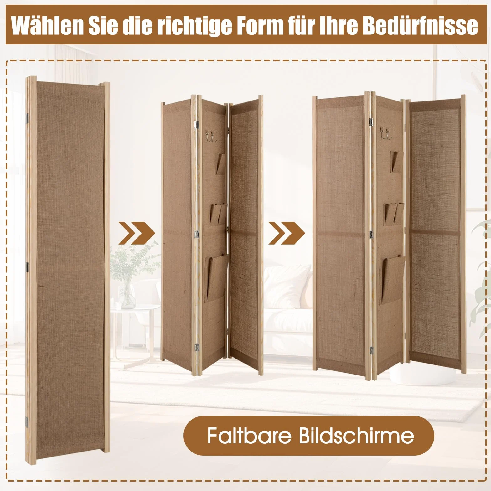 COSTWAY Parawan 170 x 121 cm, ścianka działowa z 2 haczykami, 1 duża i 3 małe torby do przechowywania, 3-częściowa ścianka działowa składana, wygląd lnu, drewniana rama, ochrona przed wzrokiem do