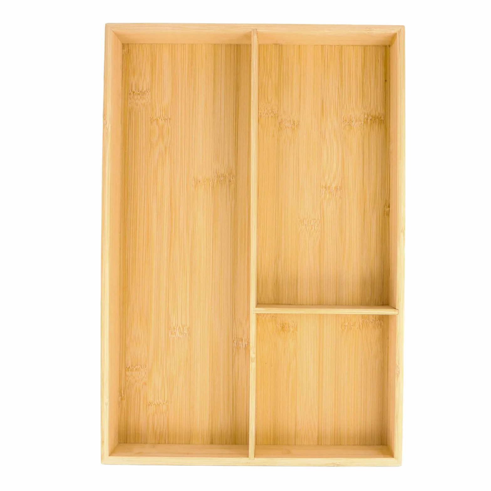 Drewniany stojak na sztućce 43x30x6 cm bambusowa taca organizer z 3 przegródkami do szuflady kuchennej