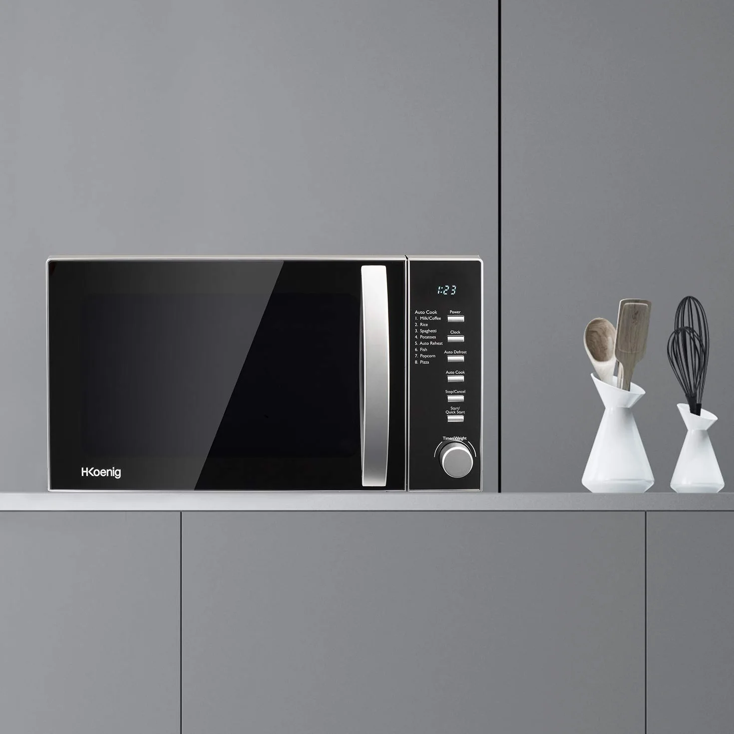 H.Koenig VIO2 Compact Digital Kuchenka mikrofalowa 20 l, 700W, gramofon 24,5 cm, programowalny wielofunkcyjny 6 poziomów ogrzewania, rozmrażania i ekspresu, timer 60min, efekt czarnego lustra