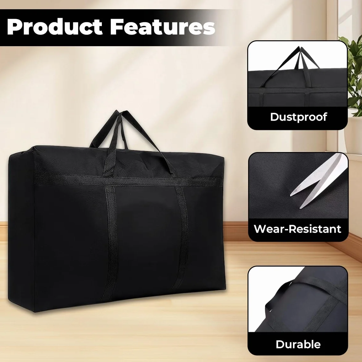 2 duże torby do przechowywania, 80 x 46 x 24 cm, Oxford Heavy-Duty, z zamkiem błyskawicznym, wodoszczelne torby do noszenia, na poduszki, ubrania, pościel, do przeprowadzki (czarne)
